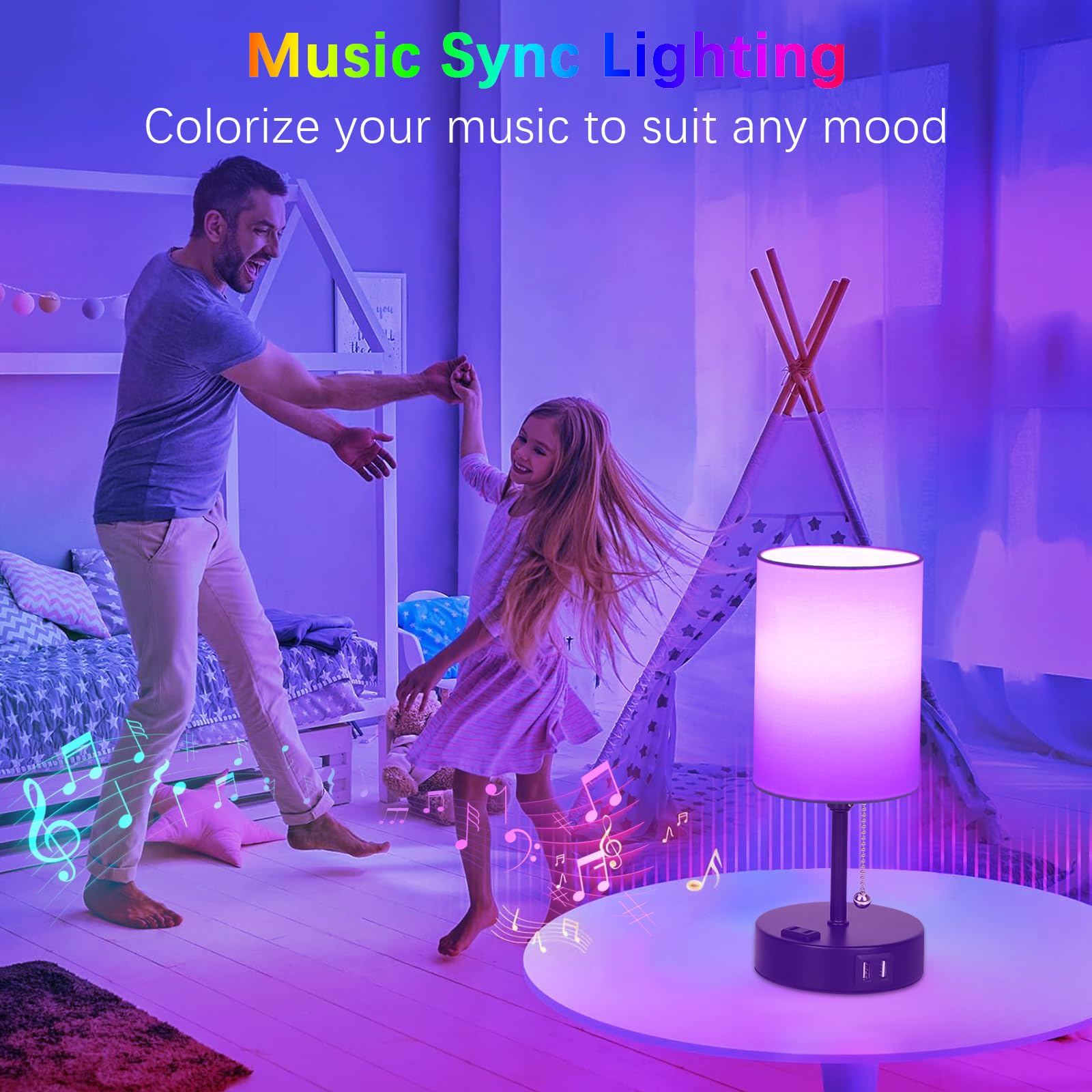 Abboraunt Rgb Smart Bedside Lamp For Bedroom Nightstand Lamp With 2 Usb Port And Outlet, Color Changing Bed Table Lamp With Voice & App Control & Music Sync, Night Stand Wifi Rgb Led Bulb Included