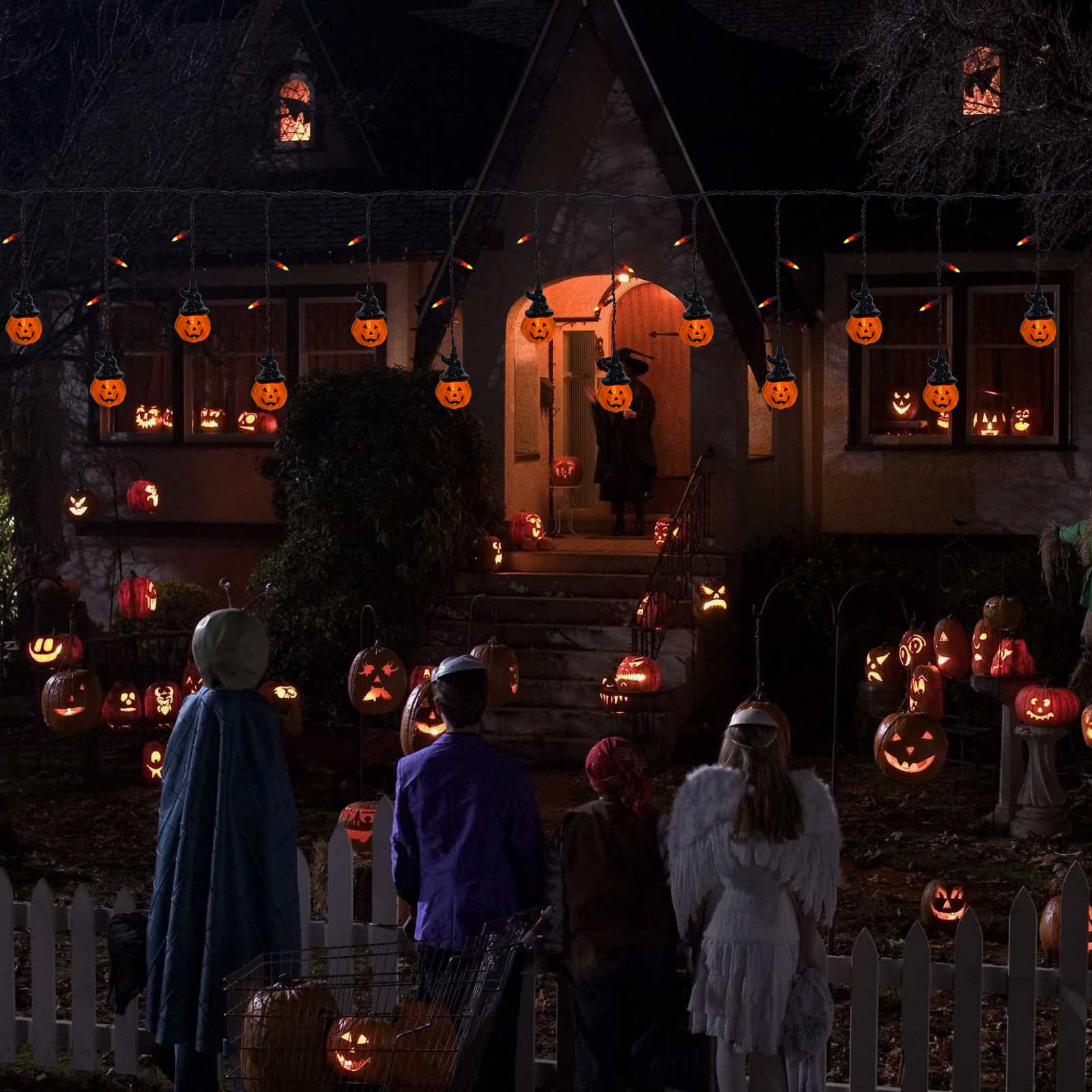 Bokoiuu 7Ft Halloween Hooded Pumpkin Light String, Led Pumpkin Outdoor Decoration Light String With 25 Mini Curtain Pumpkin Lights For Halloween Party, Outdoor, Window, Porch, Indoor, Bedroom.
