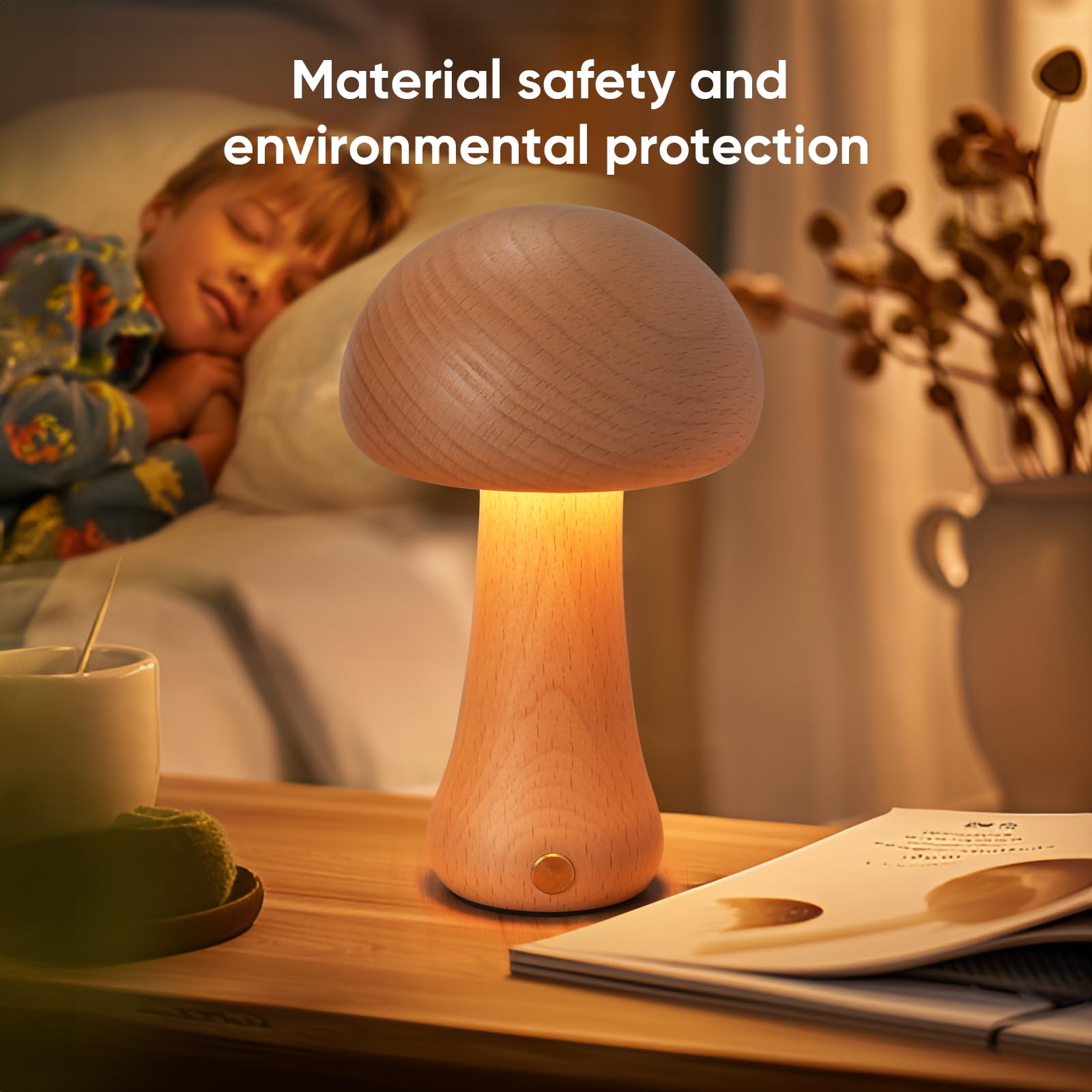 Lonrisway Small Wood Mushroom Lamp, Led Cordless Bedside Touch, Portable Dimmable Battery Mushroom Lamp For Bedroom Nightstand
