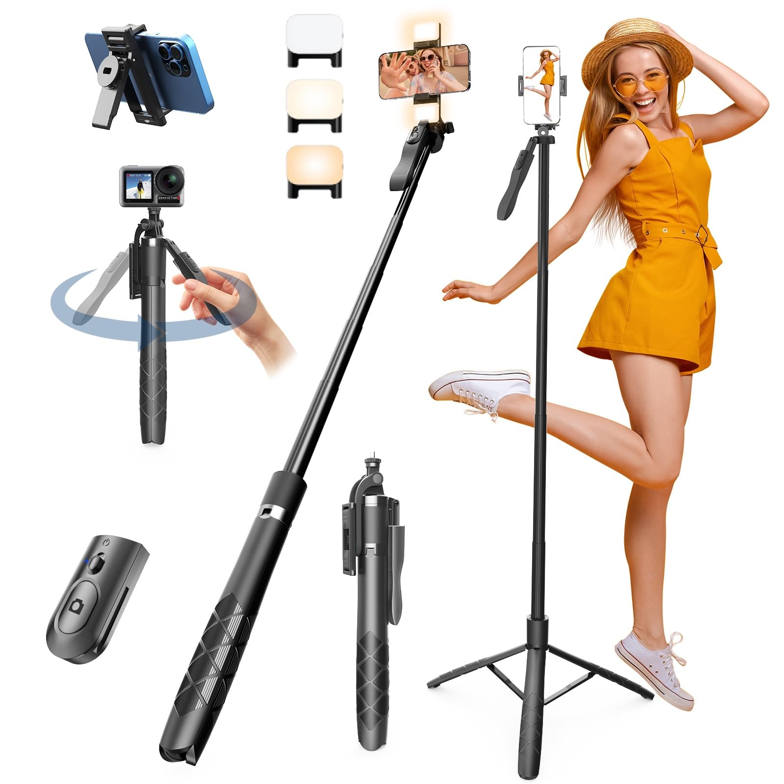 Giecy 60" Tripod & Selfie Stick For Iphone, Phone Tripod Stand With Wireless Remote And Led Fill Light, Portable Selfie Stick Tripod Compatible With Iphone Android Phone, Camera, Gopro (60")