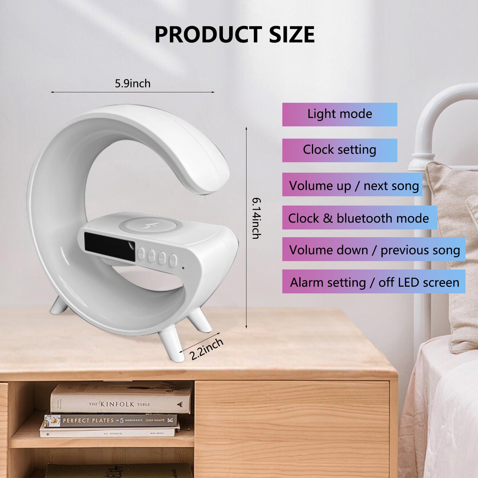 Longzhuo Wireless Charger Atmosphere Lamp, 4-In-1 Bluetooth Speaker With Lights, Bedside Lamp With Clock, Color Changing Sound Machine Smart Led Table Lamp For Home Decor, Bedroom, Office (White-Usb)