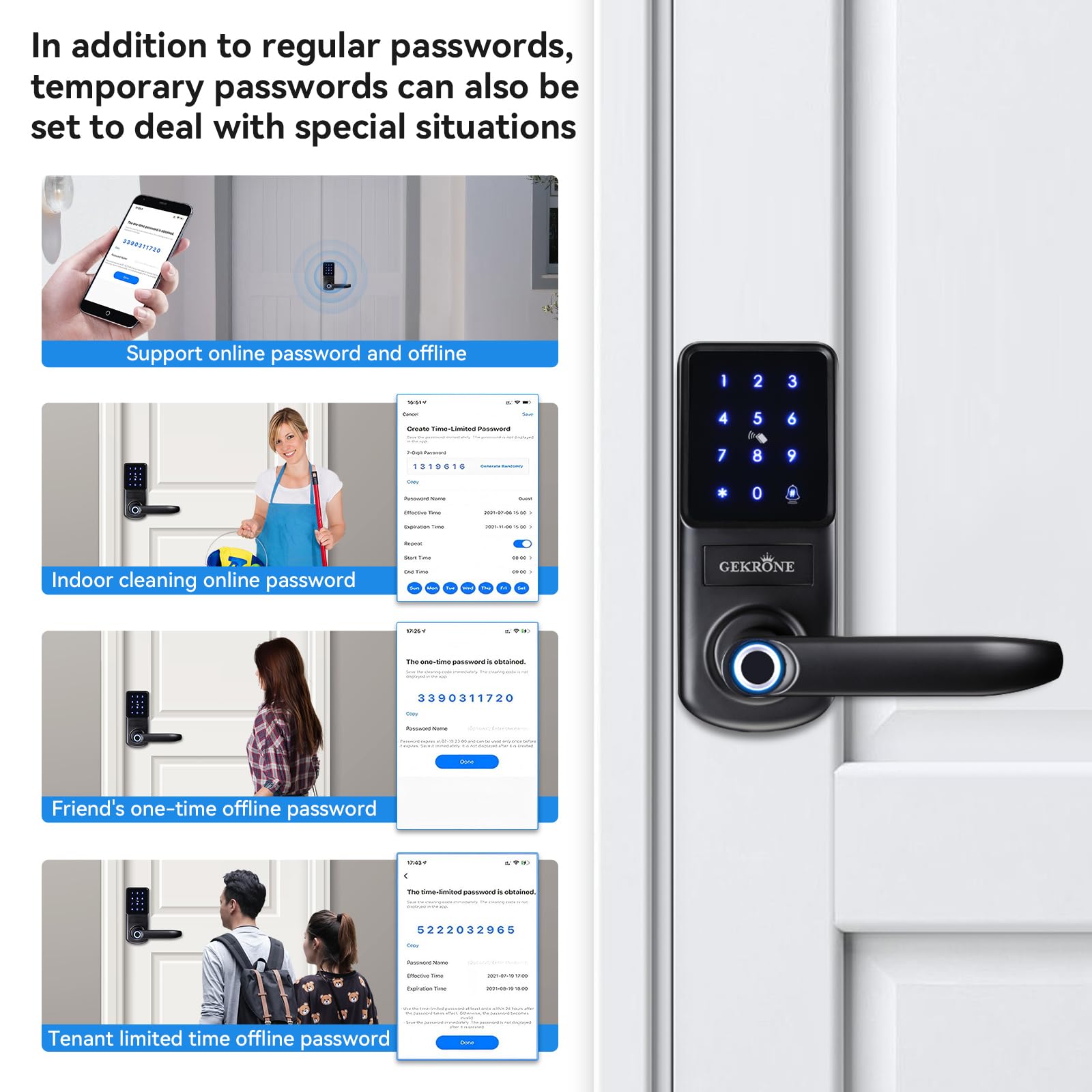 Gekrone Smart Fingerprint Lock With Lever Handle, Keypad Touchscreen Keyless Entry Front Door Knob, App Control Biometric Electronic Digital Deadbolt Set