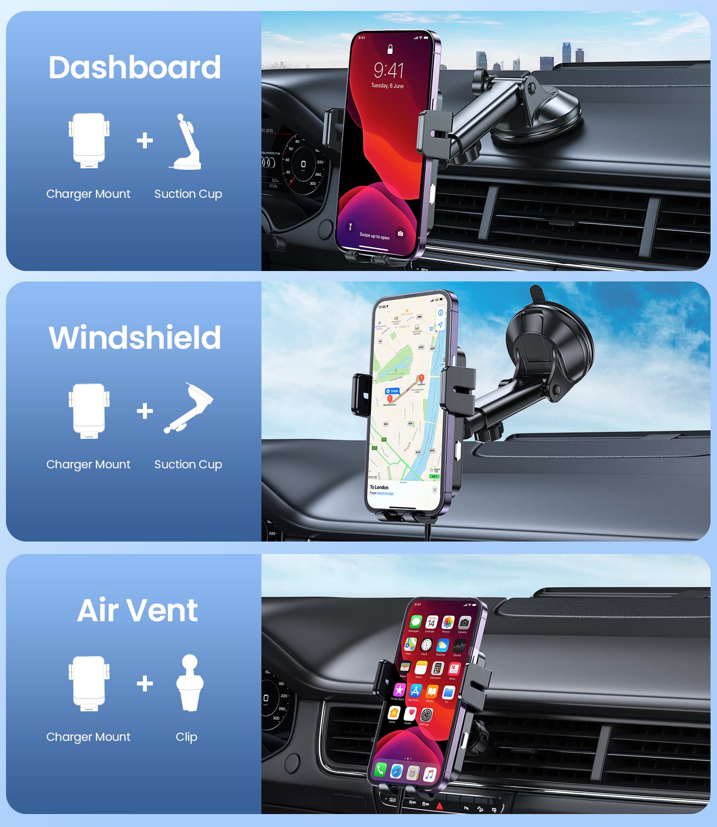 Mokpr Wireless Car Charger, 15W Fast Charging Auto-Clamping Car Mount Universal Hands- Car Charger Mount For Dash Windshield Air Vent Compatible With Iphone 16 15/14/13/12, Samsung S23/S22/S21,Etc