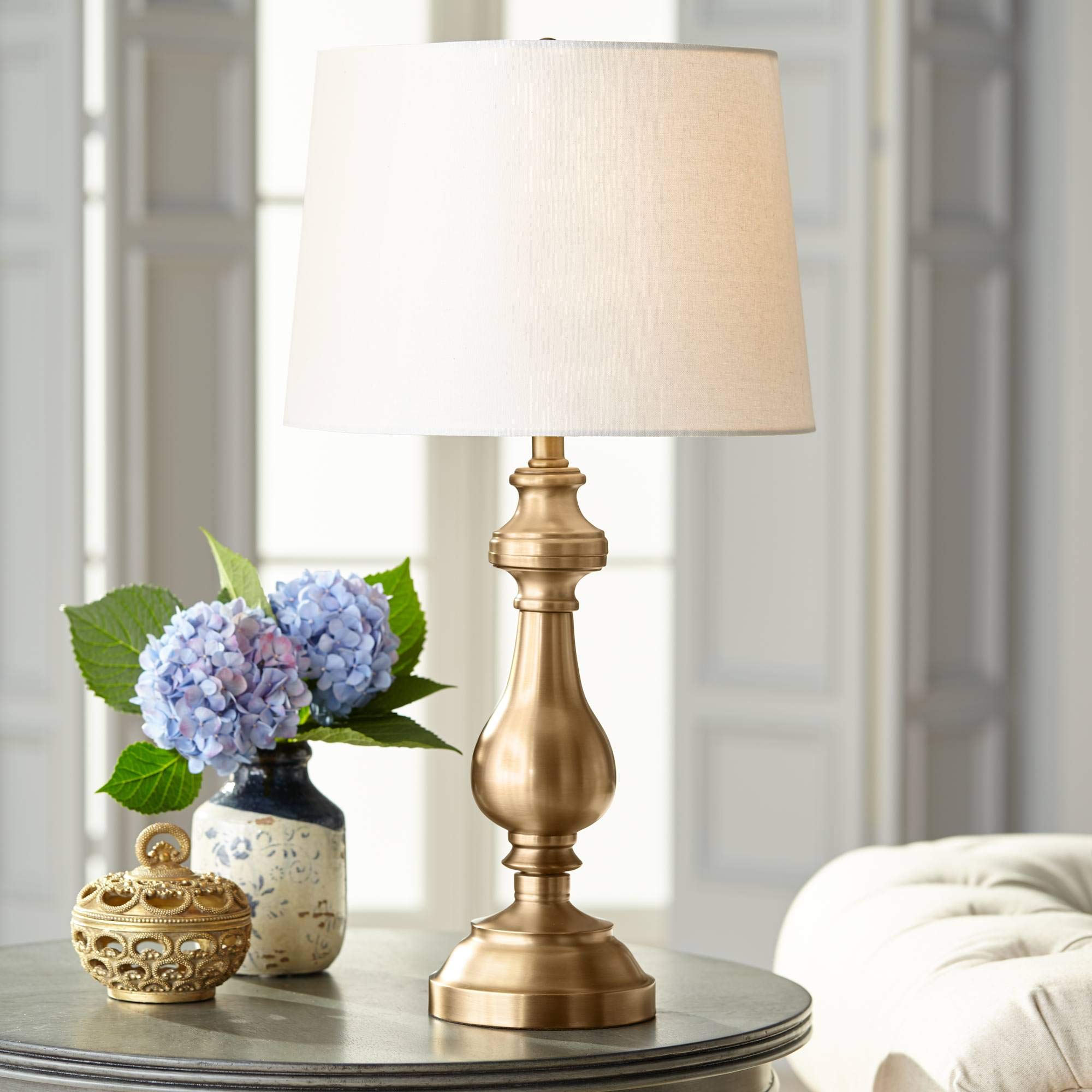 Regency Hill Traditional Style Table Lamp 26" High Antique Brass Gold Metal Candlestick White Tan Fabric Drum Shade Decor For Living Room Bedroom House Bedside Nightstand Home Office Family