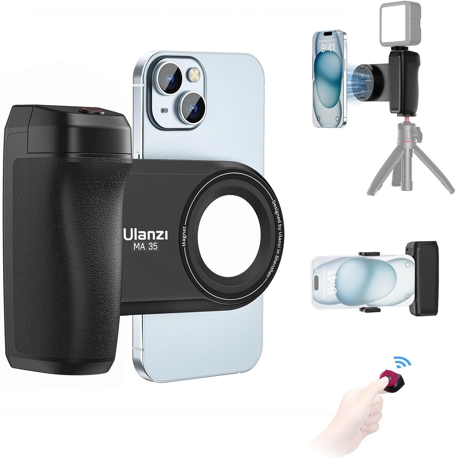 Ulanzi Selfie Phone Tripod Mount Ma35, 2-In-1 Magnetic & Phone Clip Camera Grip Handle Holder With Detachable Remote Shutter With Cold Shoe Adapter For Iphone 15 16 Samsung Smartphone Video Shooting