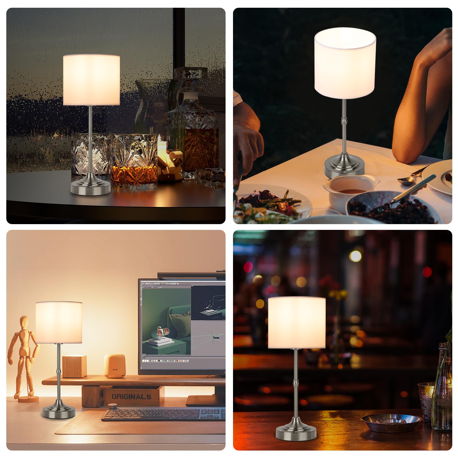 Yyxgoob Cordless Led Table Lamp,Portables Fabric Shade Desk Lamps, Rechargeable Battery Powered Lighting, Dimmable Light For Dining Room, Bedroom, Bedside, Night Light, Balcony (Silver)