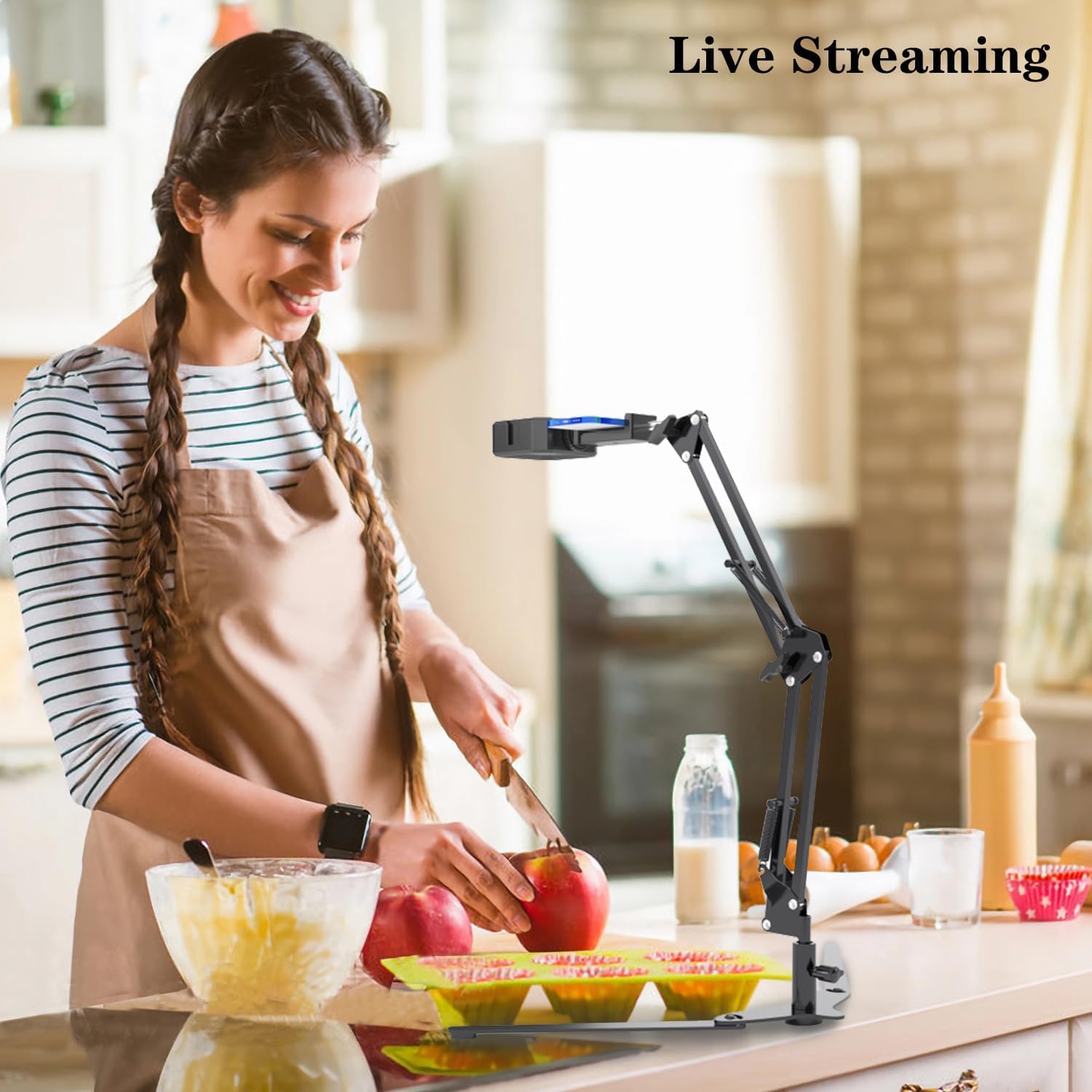 Mlsac Overhead Phone Mount With Led Light, Phone Stand For Recording, Adjustable Tabletop Stand For Live Streaming Online Video And Food Crafting Demo Drawing Sketching (Mc-01)