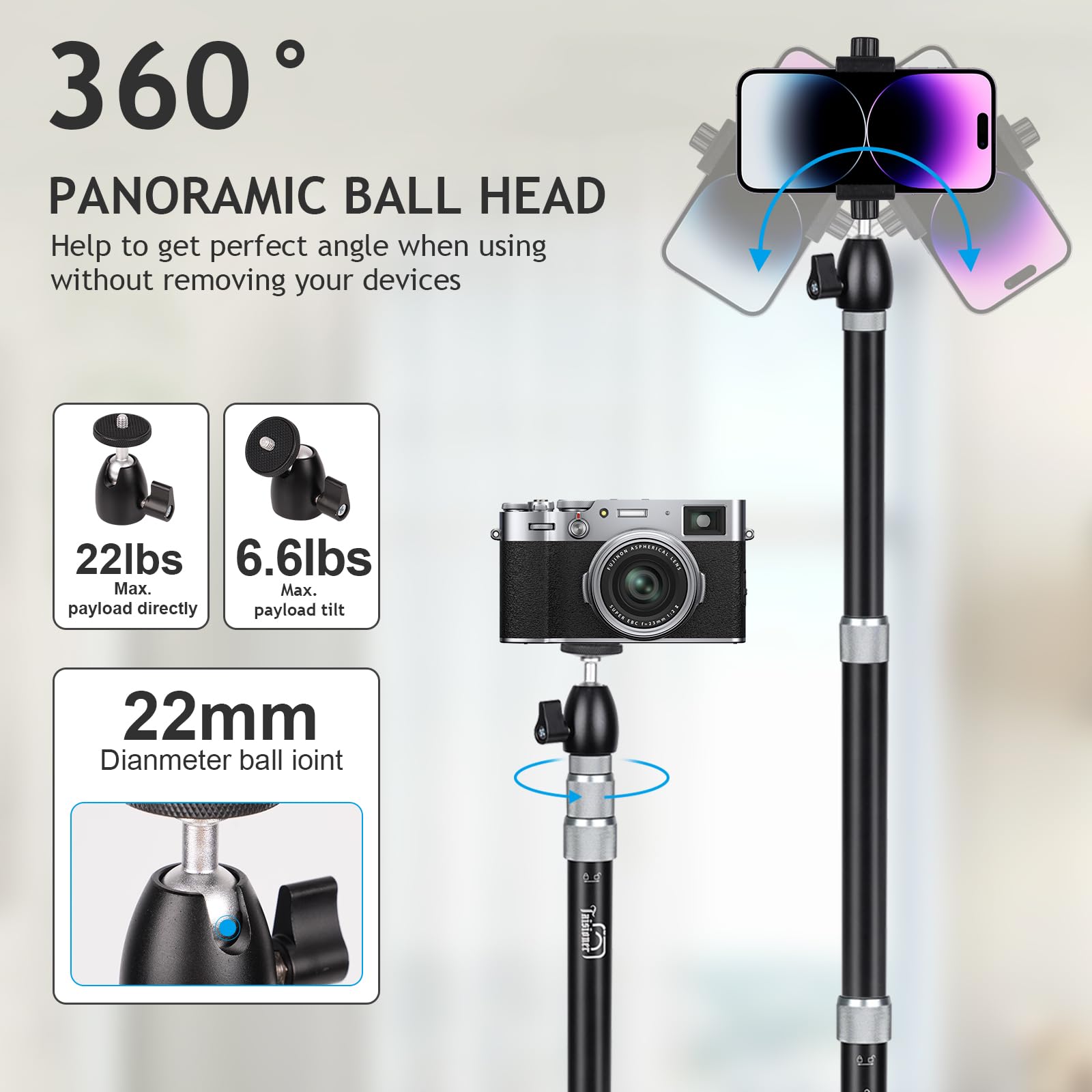 Tsonaregion Camera Desk Mount Heavy Duty Aluminum Alloy With 360° Ball Head - Adjustable 15.7-35.4 Inch Table Clamp For Dslr, Webcam, Ring Light, Live Streaming & Video Shooting