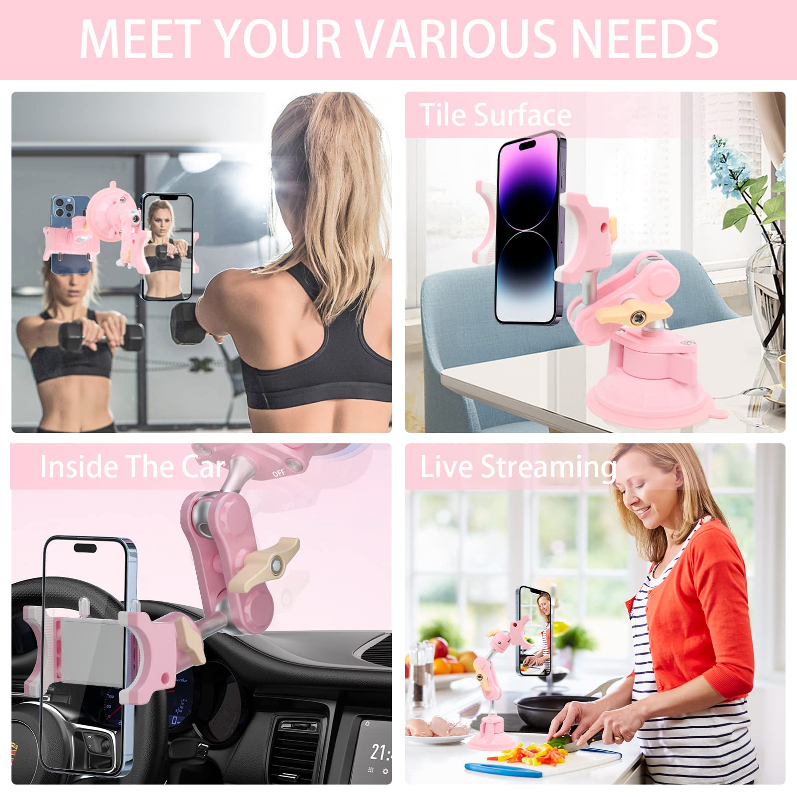 Rednow Suction Cup Phone Mount 360 Rotating Universal Ball Head Arm For Car Dashboard Windshield Vehicle Sunroof (1PcPink)
