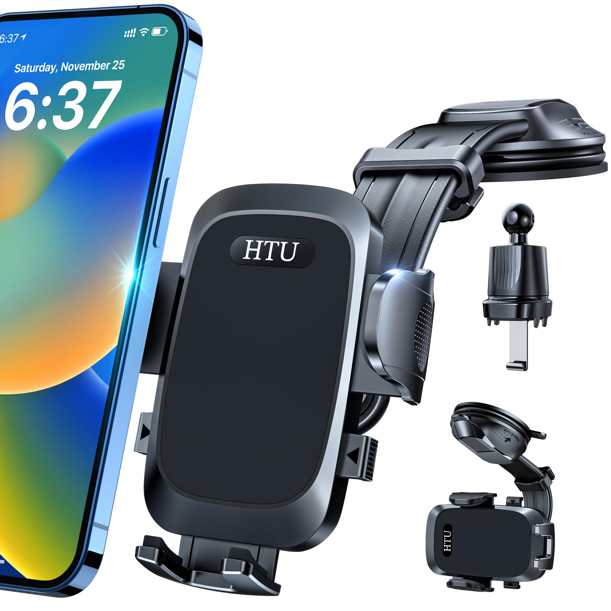 Htu [True Military-Grade Car Phone Holder [  Strongest Suction & Vent Clip] Cell Phone Car Mount For Dashboard Windshield Vent Truck Cradle Dash Stand,Black (Black)