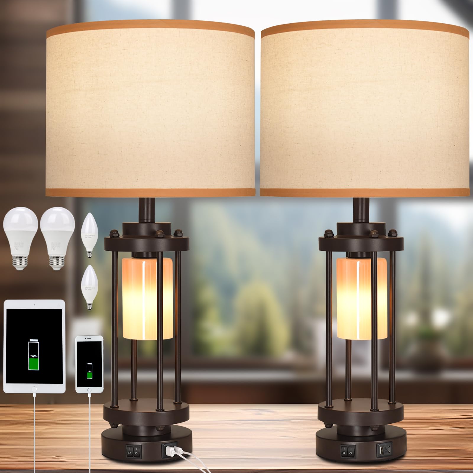 Rislg Table Lamps For Living Room, 27'' Tall Lamps Set Of 2 With Usb C+A Charge Ports, Retro Farmhouse Table Lamp For Night Stands, Rustic Bedsides Lamp With 2 Light, Industrial Nightstand Lamps For Bedroom