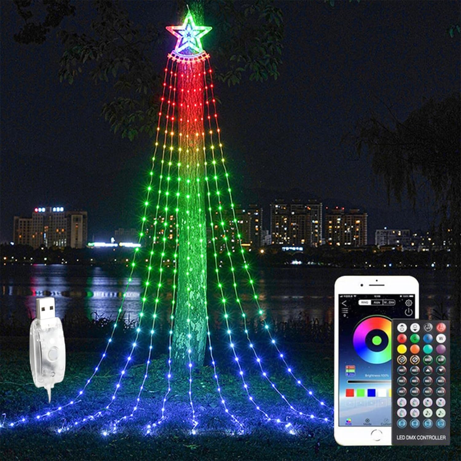 Rayway Outdoor Christmas Decorations Star String Lights, Led Waterfall Tree Lights,Christmas Lights Indoor Outdoor Decorative For Wedding And Birthday Party Home Holiday Decoration, Muitlcolor