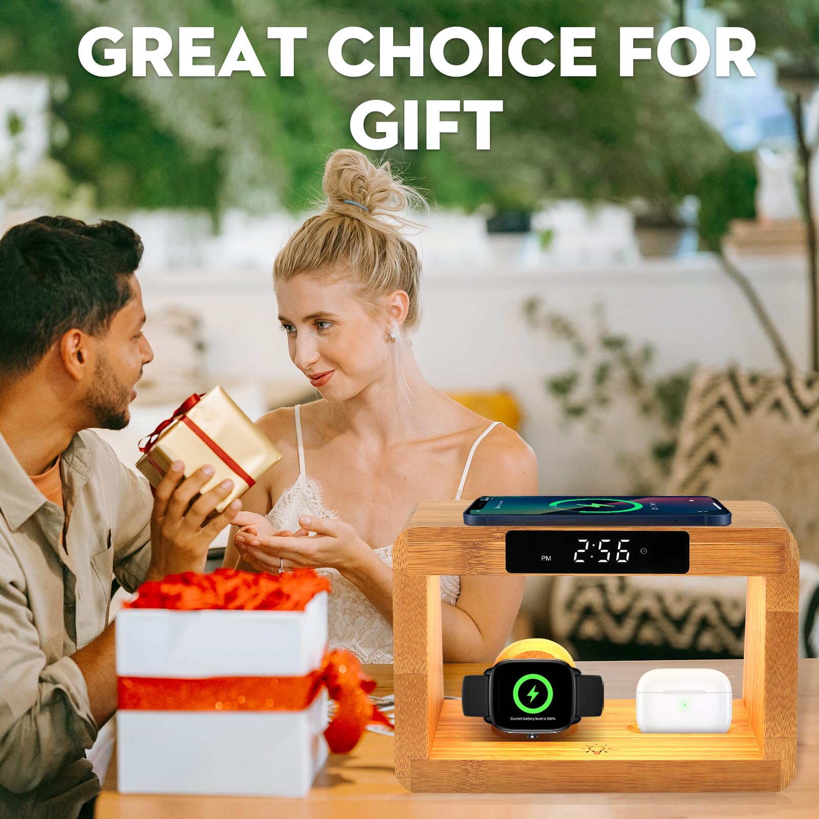 Hqobzx Wooden Bedside Table Lamps For Bedroom With Wireless Charger, Nightstand Lamp With Charging Station, 3 Night Light Modes Dimmable Touch Bedside Lamps With Alarm Clocks Lamps For Night Stands