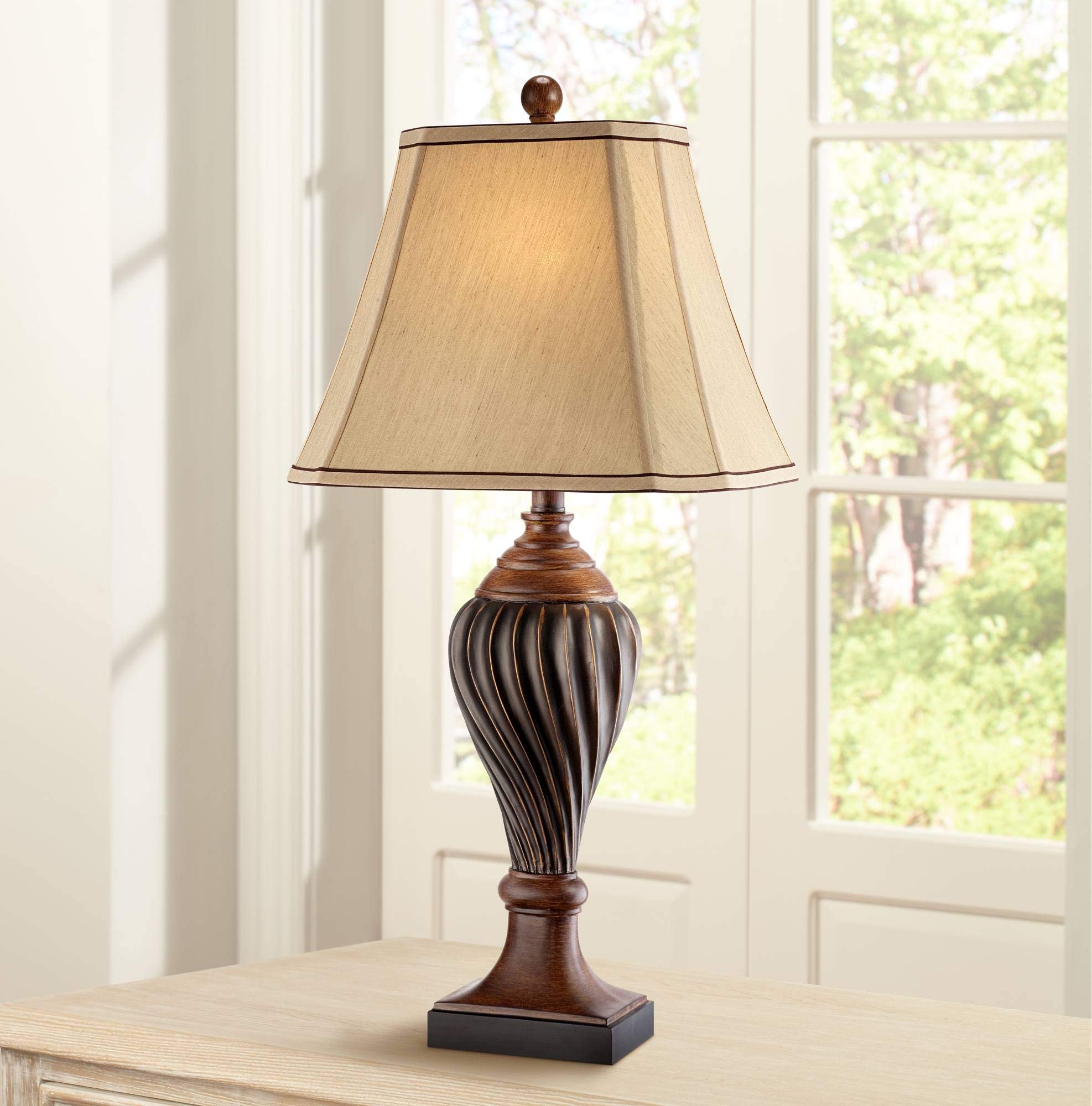 Regency Hill Traditional Style Table Lamp 28.5" Tall Carved Two Tone Brown Urn Shaped Ball Beige Fabric Rectangular Shade For Living Room Bedroom House Bedside Nightstand Home Office