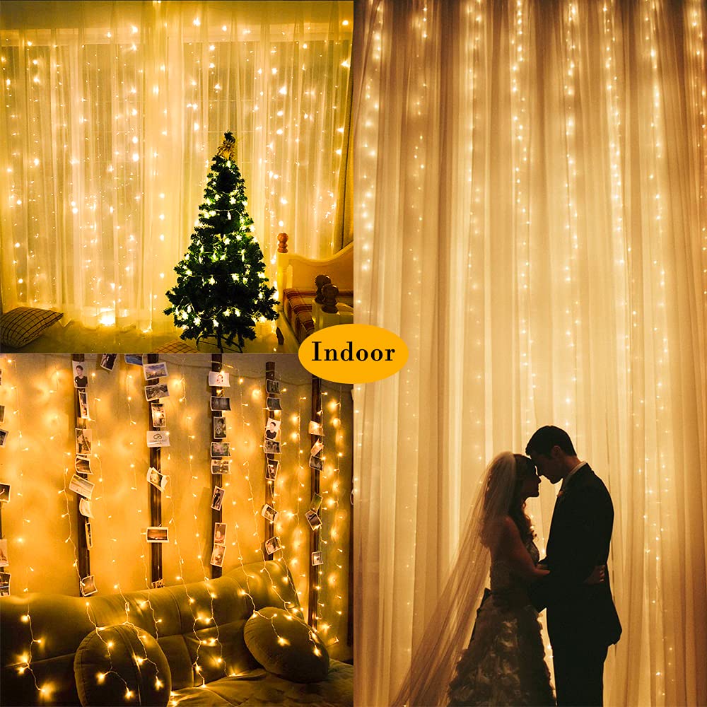 Whywhife Solar Curtain Lights Outdoor Garden Fairy String Lights 300 Led 8 Modes Remote Control Waterproof Waterfall Lights For Gazebo Patio Party Festival Wedding Christmas Decorations(Warm)
