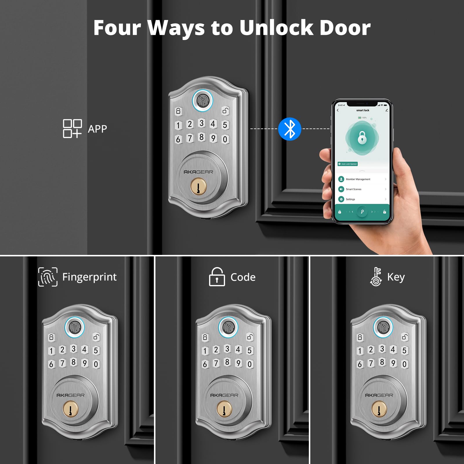 Akagear Ds10 Pro Keyless Entry Door Lock, Fingerprint Door Locks, Electronic Keypad Lock, Smart Deadbolt, Smart Locks For Front Door, Auto-Lock & One Touch Locking With Bluetooth - Satin Nickel