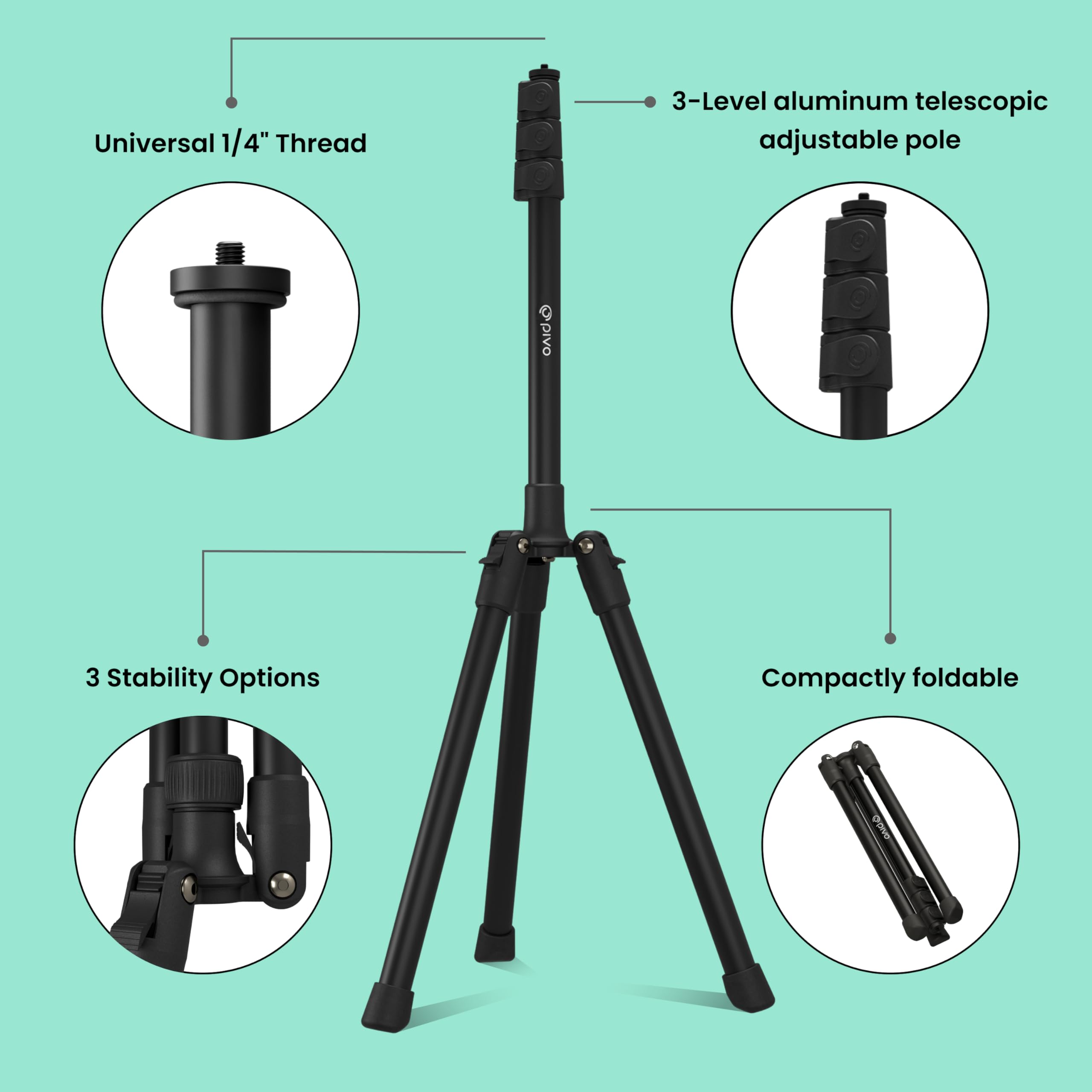 Pivo 63" Extendable Cell Phone & Camera Tripod With Sturdy, Lightweight, Portable, Foldable Stand For Video Recording With Universal 1/4"" Thread For Dslr, Smartphone, Action Camera & Pods