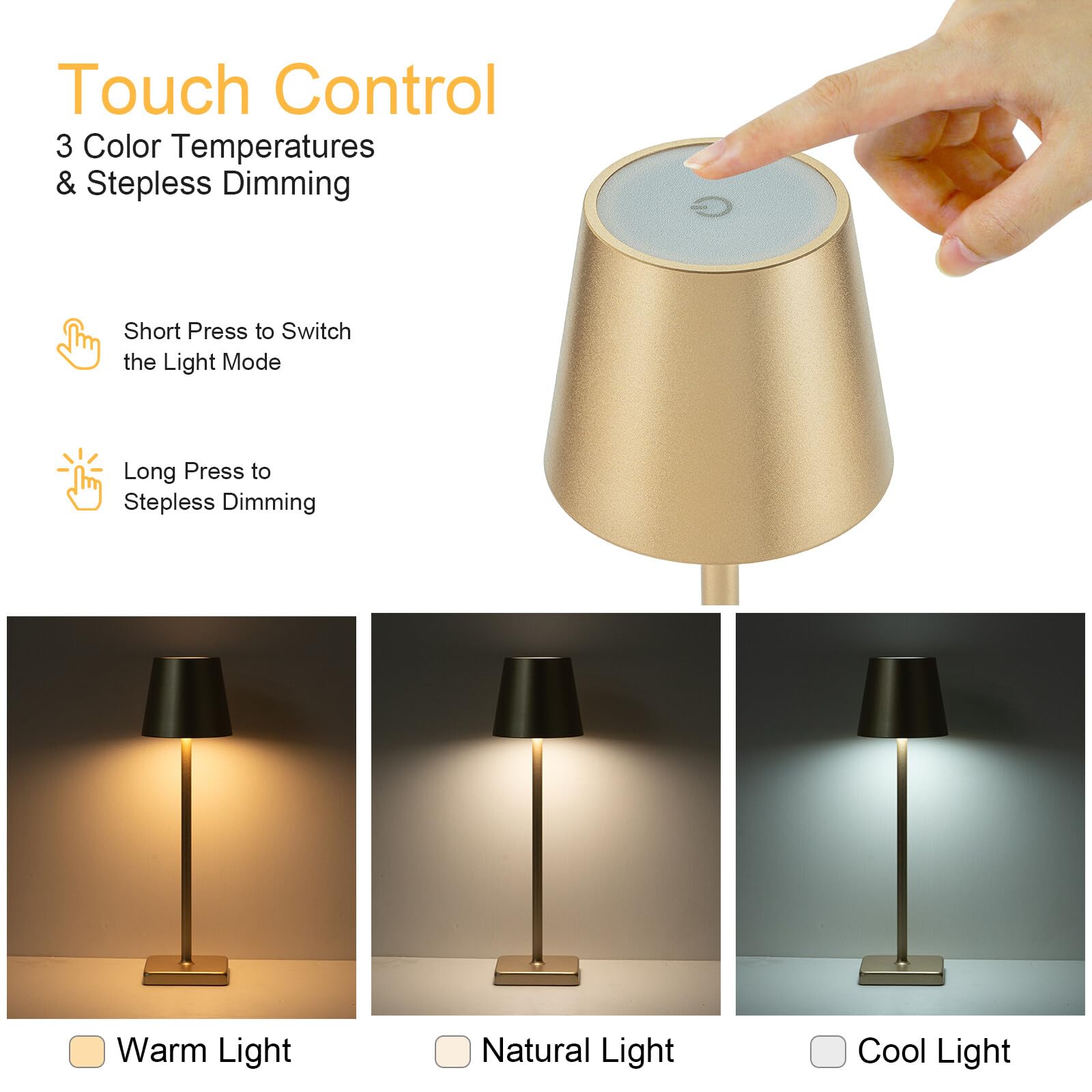 Kelary 2 Pack Rechargeable Cordless Table Lamps, 5200Mah Battery Touch Table Light, Aluminum Shell Stepless Dimmable Portable Led Desk Lamp For Dinner/Restaurant/Outdoor Gold