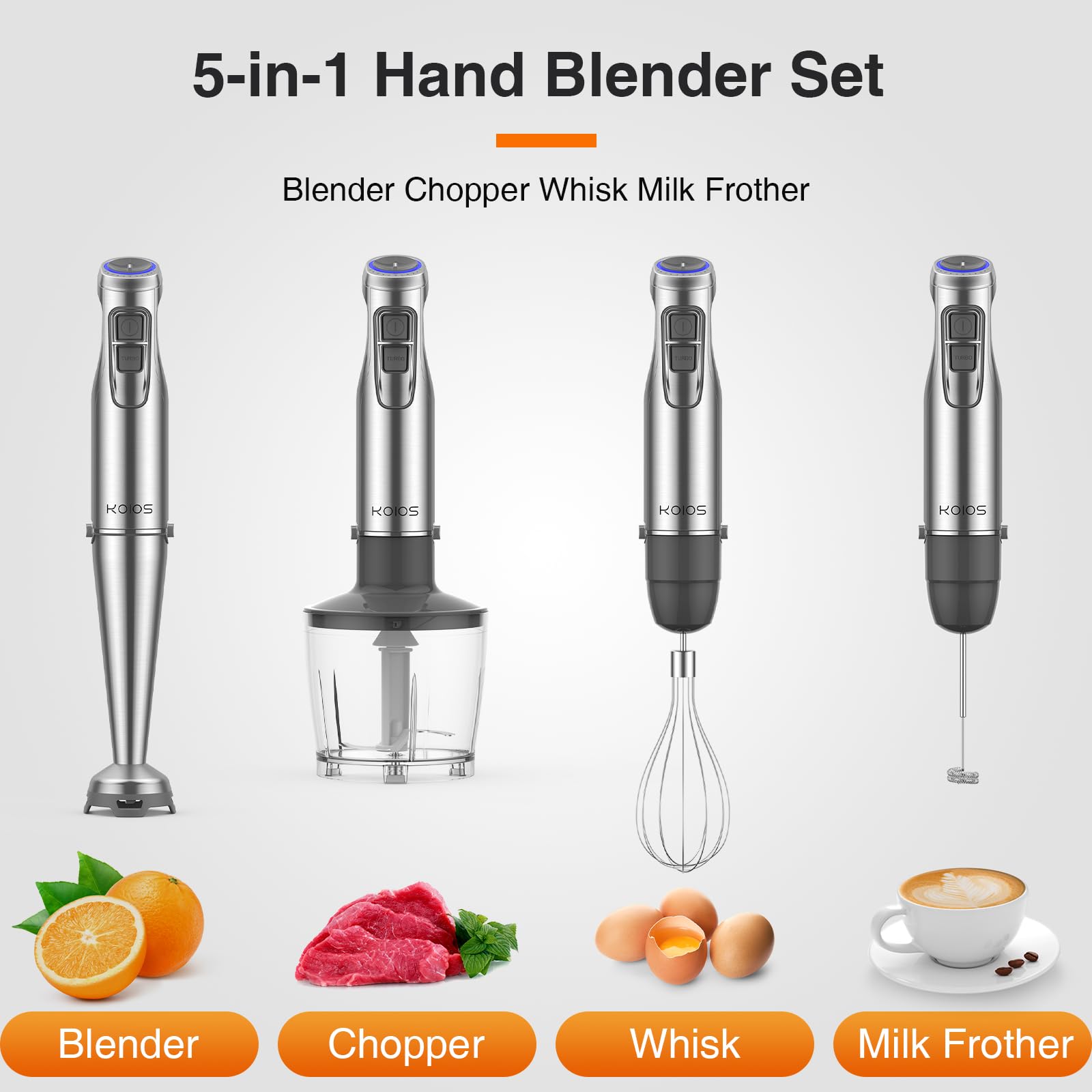 Koios 1100W Immersion Hand Blender, Stainless Steel Stick Blender With 12-Speed & Turbo Mode, 5-In-1 Handheld Blender With 600 Ml Mixing Beaker With Lid, 500 Ml Chopper, Whisk, Milk Frother, Bpa-