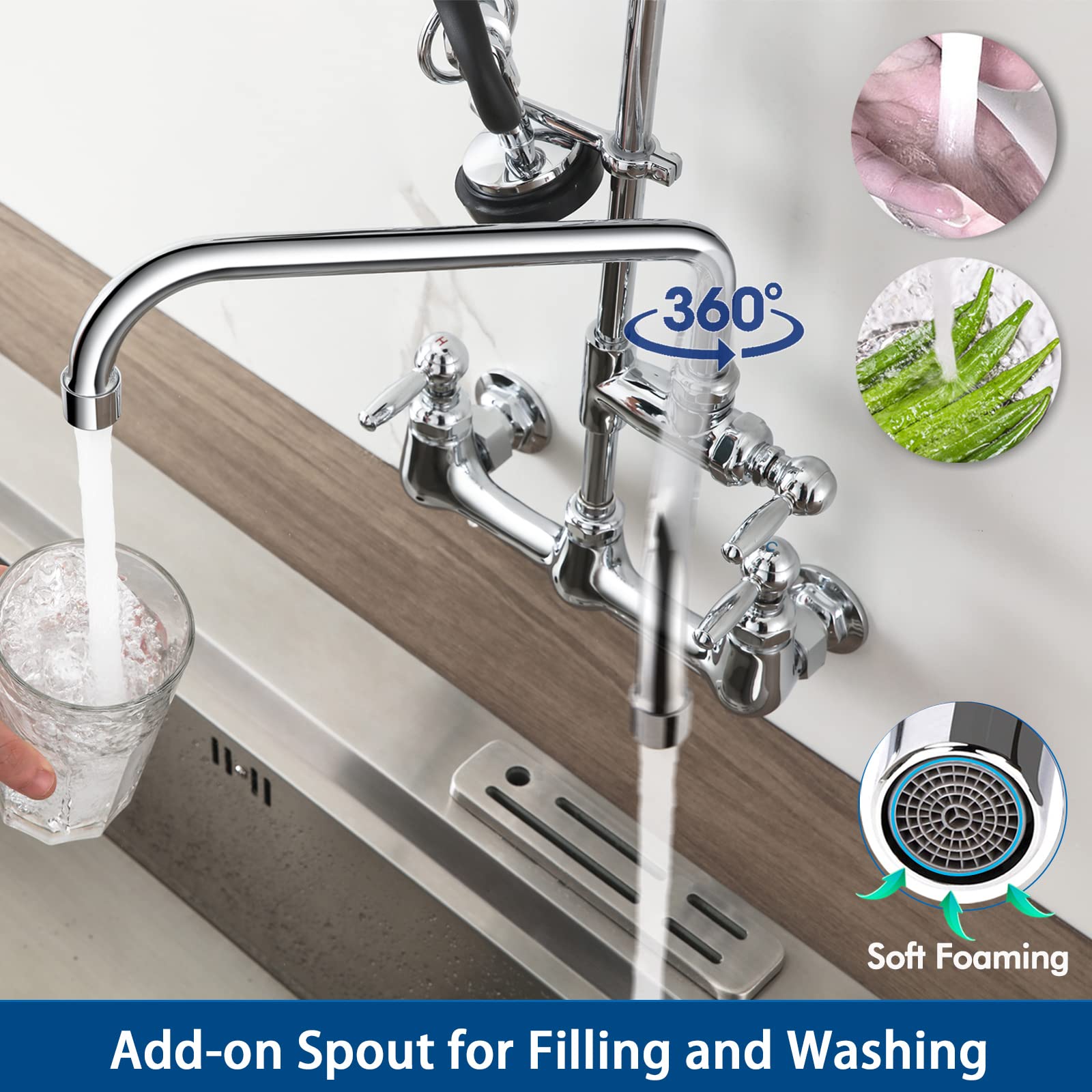 Agahpay Commercial Sink Faucet With Sprayer, 8 Inch Center Wall Mount Kitchen Faucet With 12” Swing Spout 36” Height Compartment Sink Faucet For Restaurant Industrial, Chrome Polished