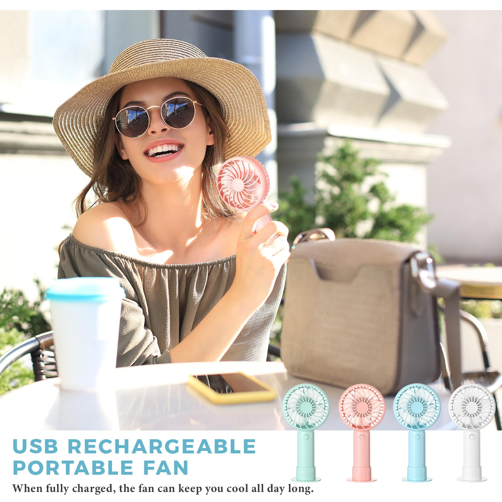 Compact handheld fans with 3 speeds and USB charging base, perfect for travel and everyday use
