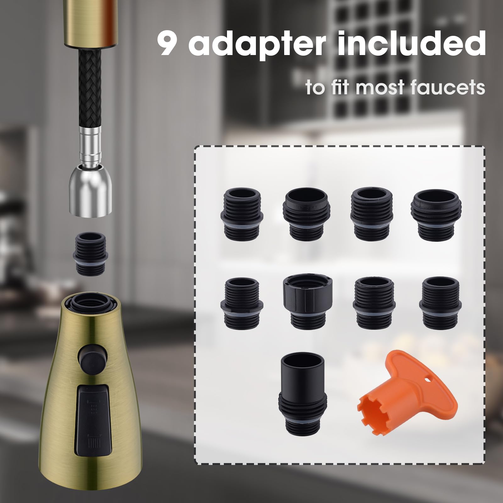 Clovermap Pull Down Kitchen Faucet Sprayer Head Replacement, 3 Function (Blade Spray) Pull Out Sink Spray Nozzle With 9 Adapters, Kitchen Tap Spray Spout Part Connector (Brushed Gold)