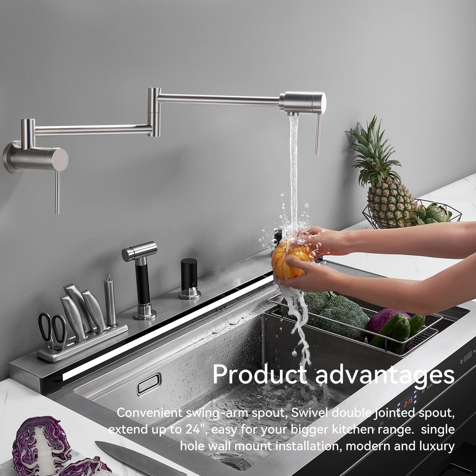 Mr. Faucet Wall Mount Kitchen Pot Filler Faucet 360° Swivel Folding Swing Arm Built-In Bearing Joint Technology, For Kitchen Stove, Coffee Station, Bar Filler&Water Station(Brushed Nickel)