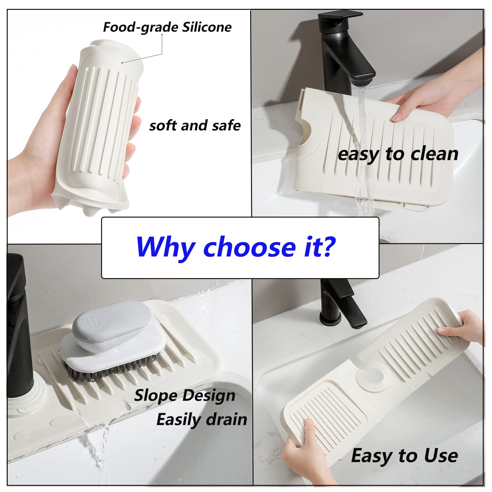 Moodkey Kitchen Sink Splash Guard Sponge Holder For Kitchen Sink Silicone Faucet Handle Drip Catcher Tray Sink Protector For Kitchen Sink Faucet Mat Fits The Faucet Tube Within 2.5"(Light Grey,17.7'')