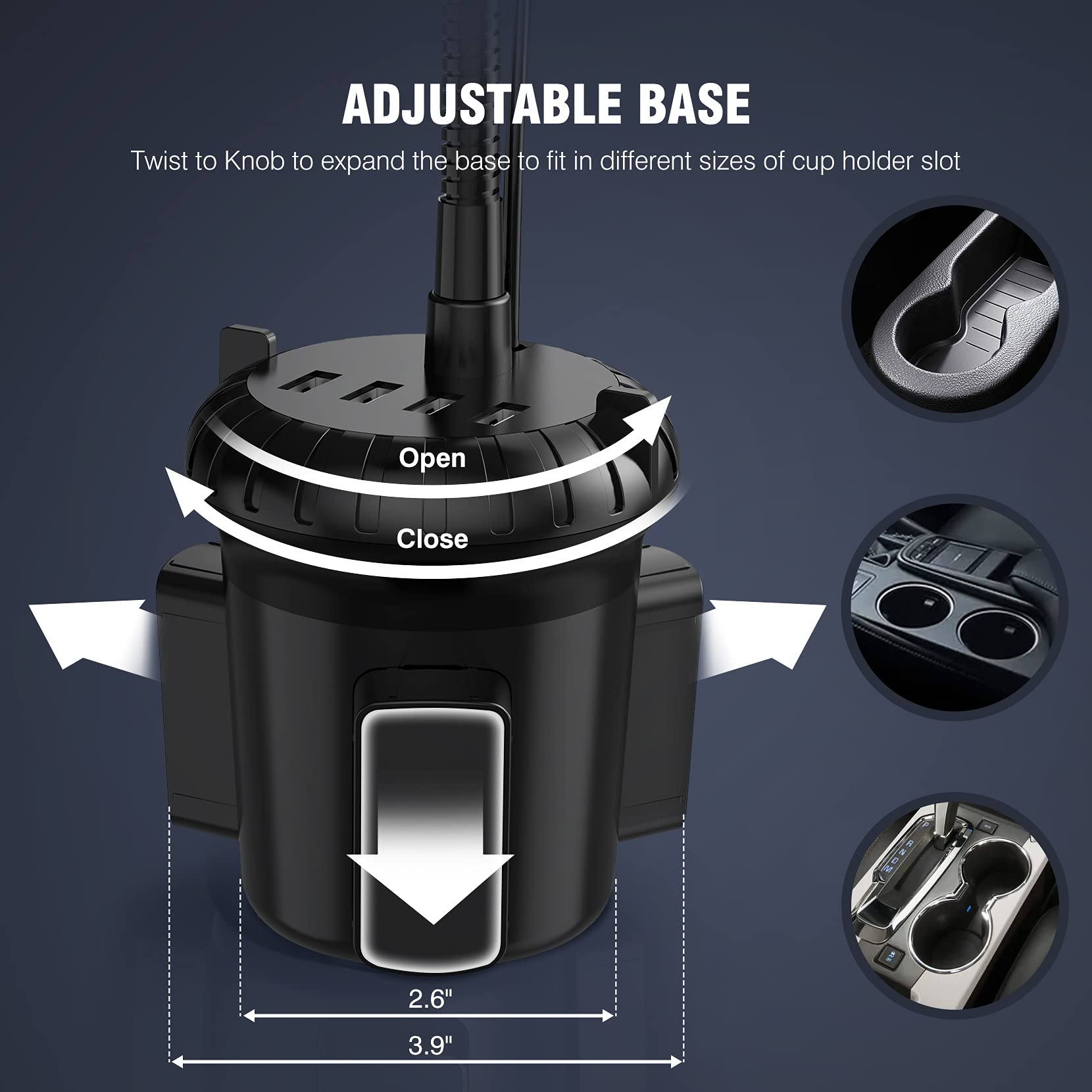 Utik 4-Port Usb Car Charger With Cup Holder Phone Mount, Rapid Multi Port Charger, Adjustable Gooseneck Rotatable Holder For Smartphones