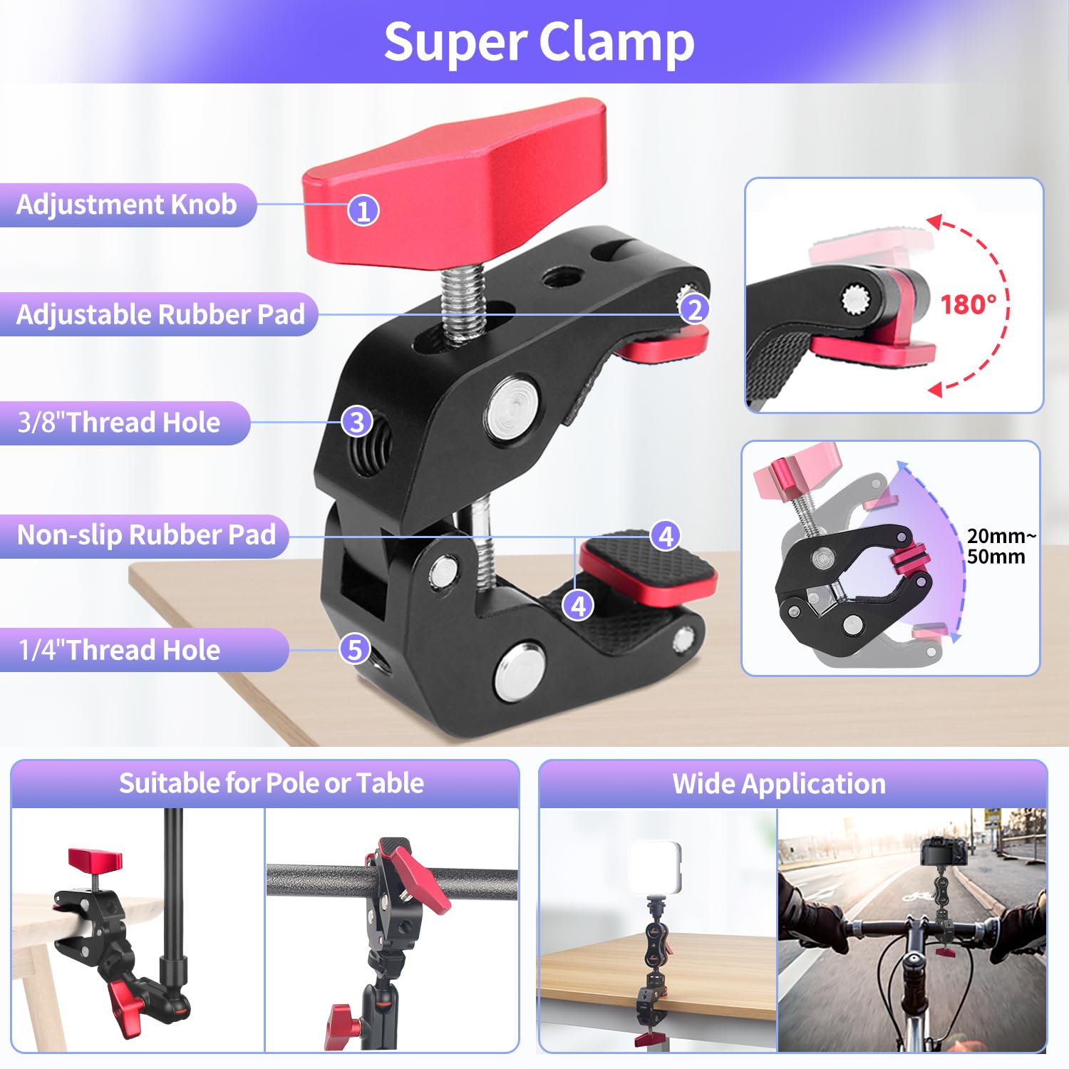 Jinsui 22" Magic Arm W Clamp Camera Mount, Overhead Phone Mount W Dual Ball Head Articulating Mic Boom Arm, 3/8" 5/8" Screw Adapters, Adjustable Camera Desk Mount Stand For Webcam Tripod Light Video Rig
