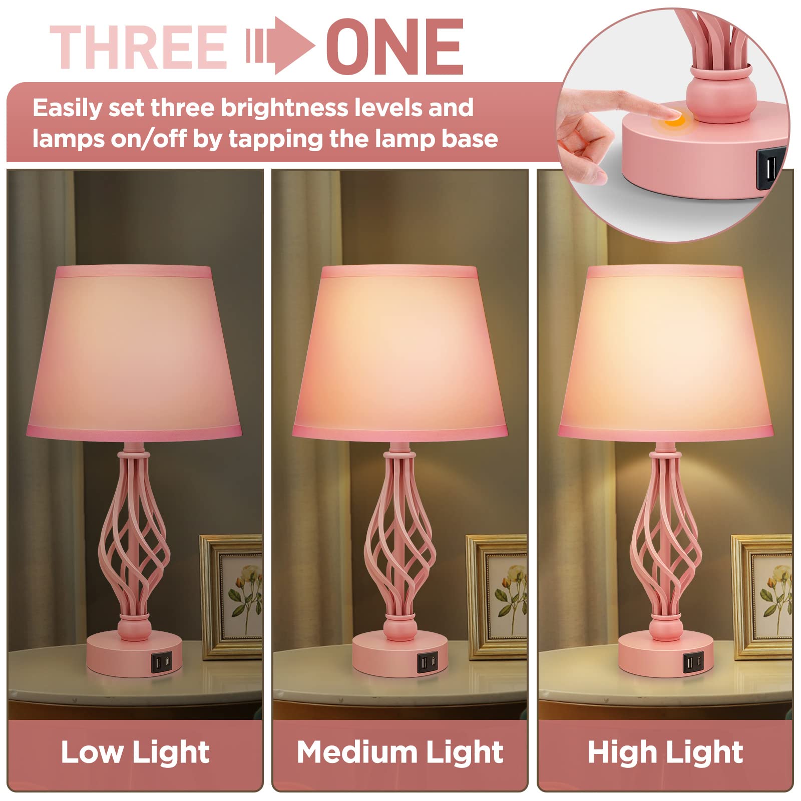 Wiomonrew Touch Table Bedside Lamps Set Of 2, Nightstand Bedside Nightstand Lamps With Usb Type-C Ports, Girls Desk Lamp For Living Room Bedroom Side Table (Pink)