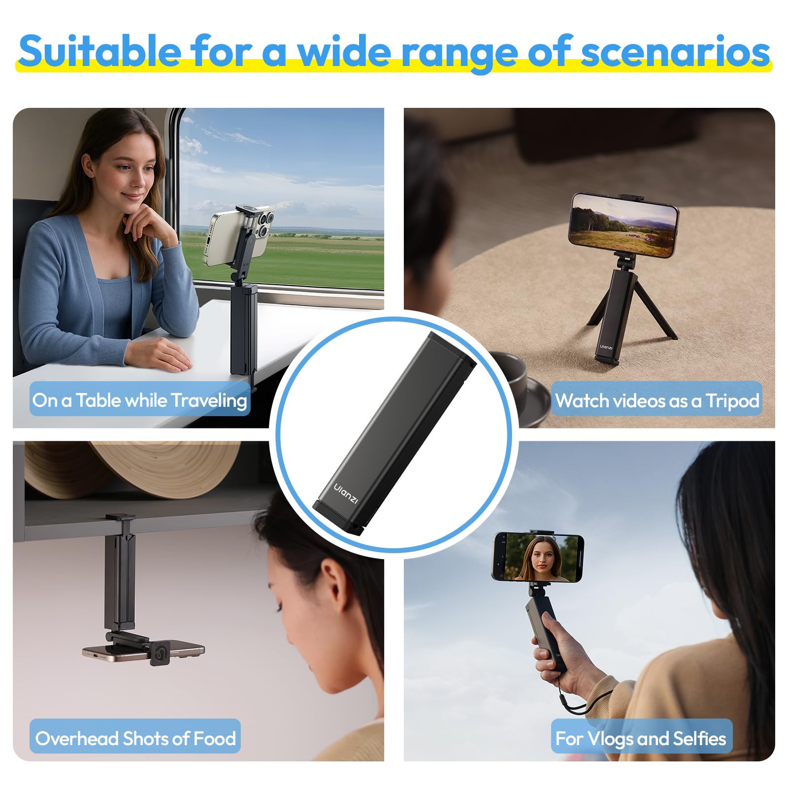 Ulanzi Sk-20 Adjustable Cellphone Stand For Desk, 360° Rotation Foldable Aluminum Phone Holder Stand, Anti-Slip Base Portable Universal Smartphone Tripod Compatible With Iphone/Android Travel Bedside