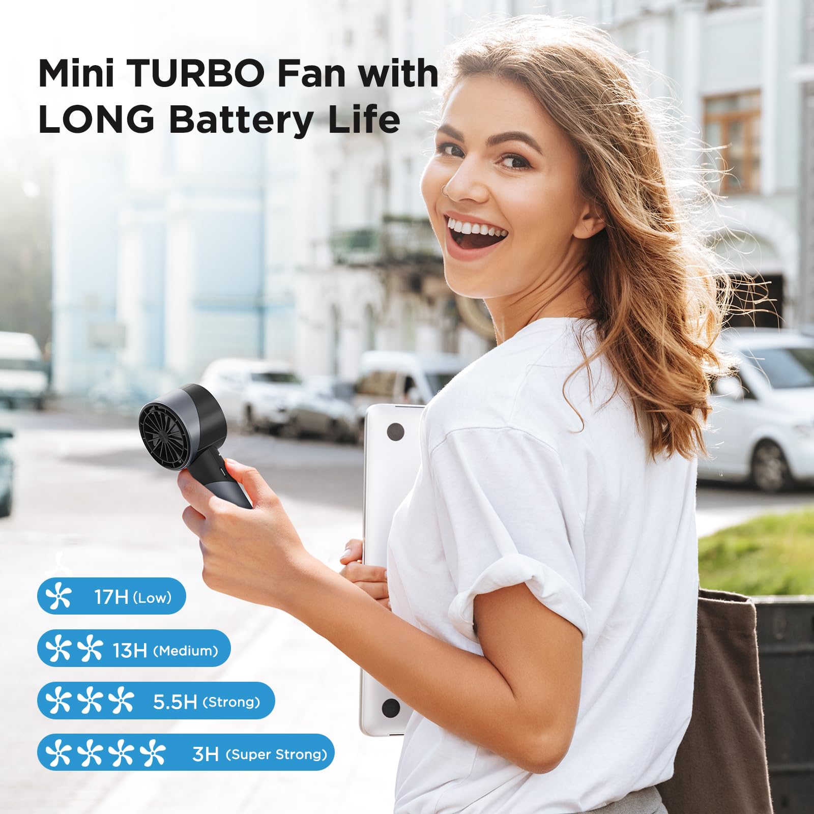 Amacool handheld turbo fan with 4 speed settings, metal body, and 17 hours of runtime for personal cooling