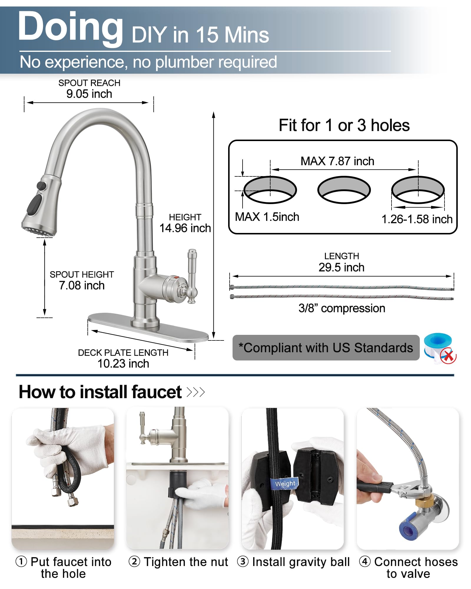 Hoigy Brushed Nickel 3-Function Pull-Down Sprayer Kitchen Faucets, 1 Or 3 Hole High Arc Classic Single Handle Kitchen Sink Faucet With Deck Plate, For Farmhouse Camper Rv Laundry Utility Room