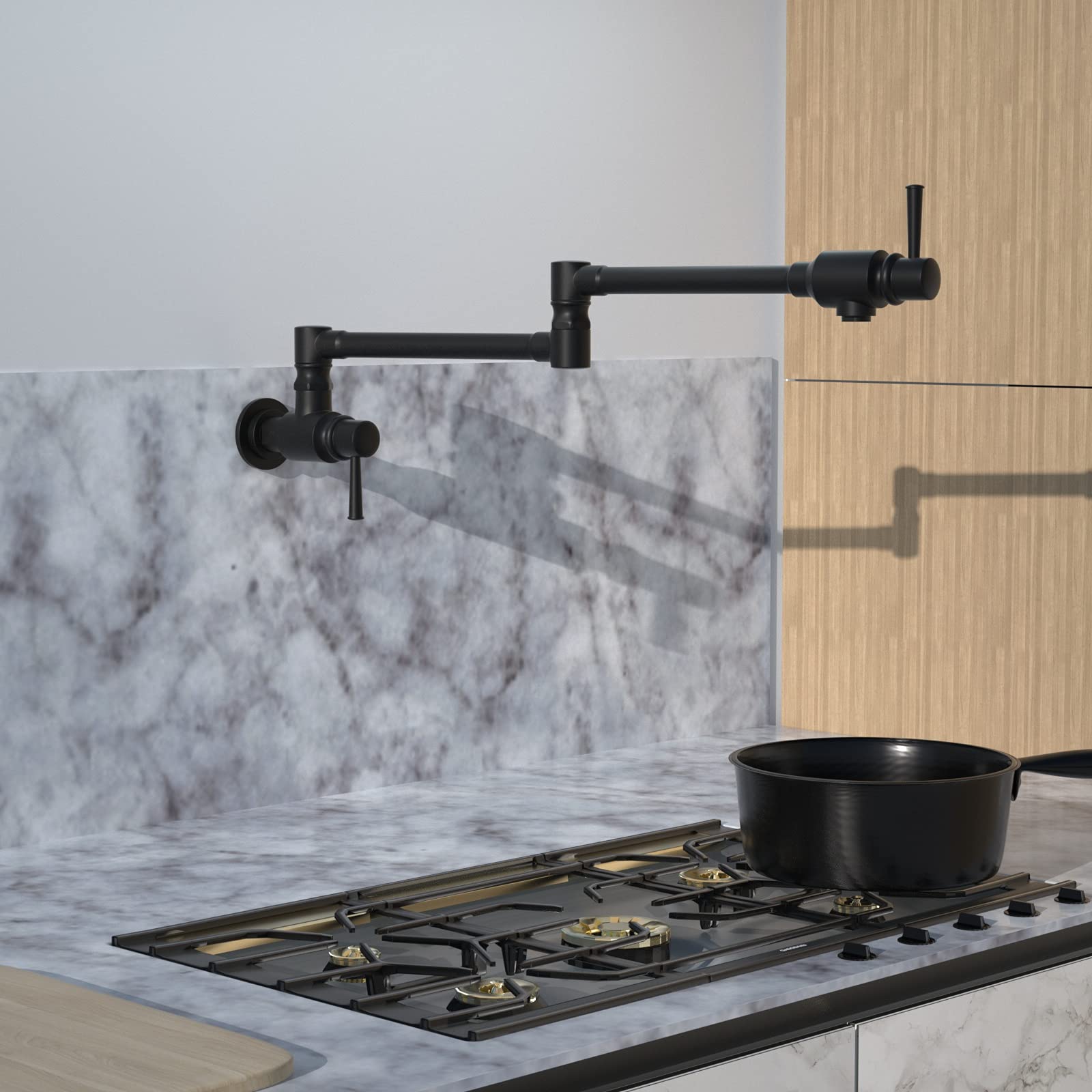 Cwm Bestjeef Matte Black Pot Filler Faucet,Pot Filler Black Folding Faucet,Commercial Wall Mount Stainless Steel Material Stretchable Double Joint Swing Arm With Single Hole Two Handles.