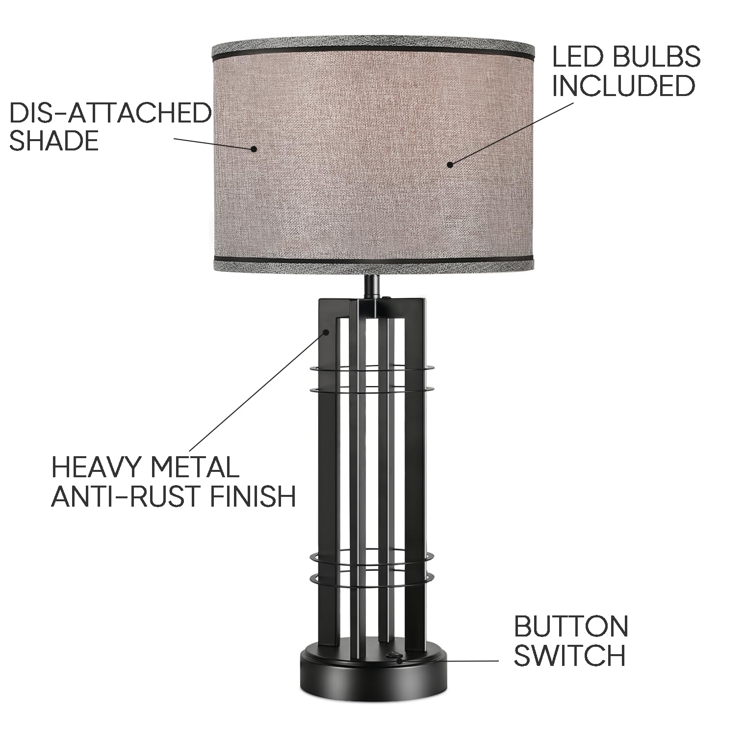 Easebri 27In Tall Table Lamps For Living Room Button Control Farmhouse Rustic Table Lamps Set Of 2 Sidetable Lamps Black&Grey Bedroom Lamps For Bedside Nightstand End Table