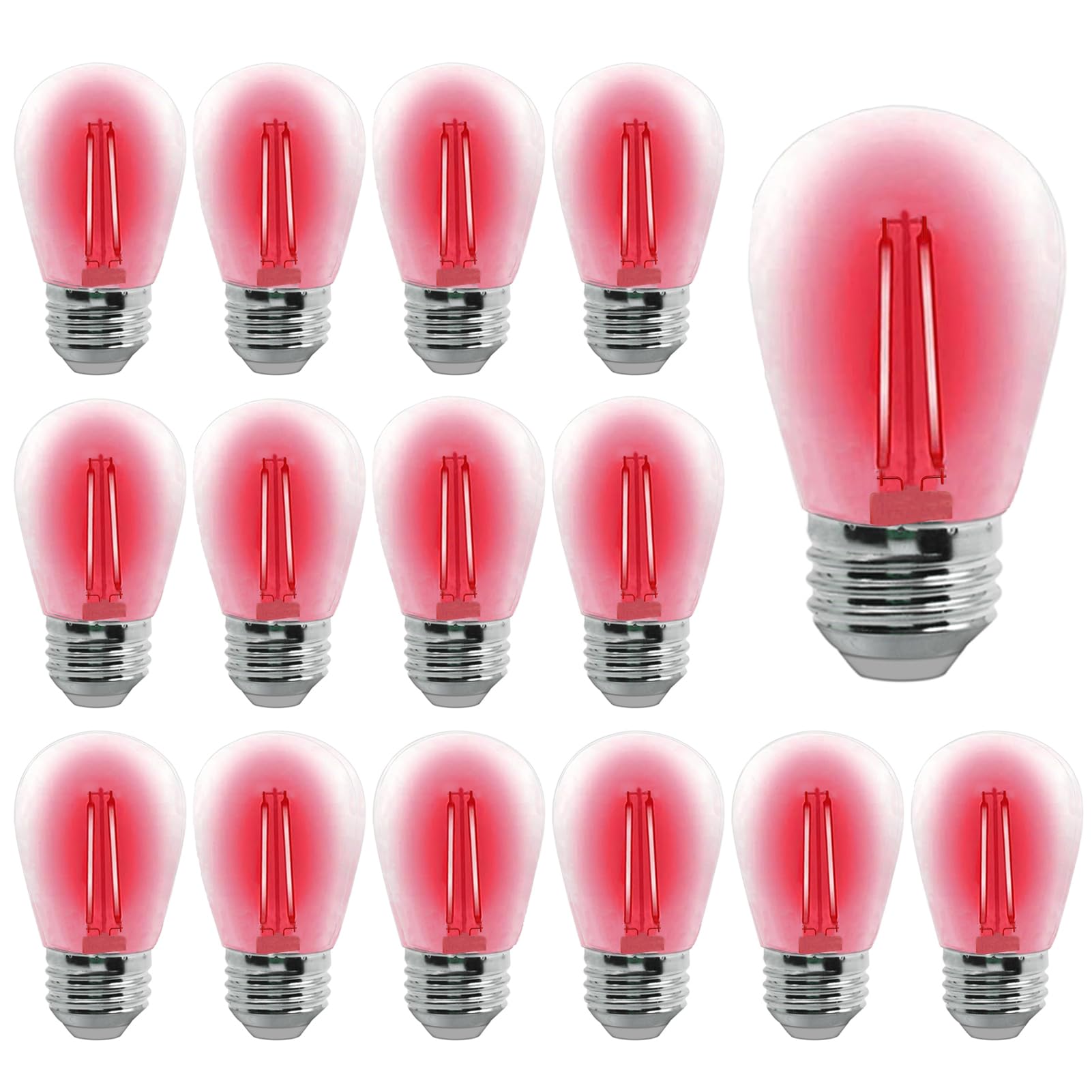 Lrsueyskin S14 Led Light Bulb 2W Red Outdoor Replacement Bulbs Shatterproof Waterproof S14 Replacement Bulb Clear Plastic Vintage Led Filament Bulbs E26 E27 Base Decorative String Light Bulbs,15-Pack(Red)