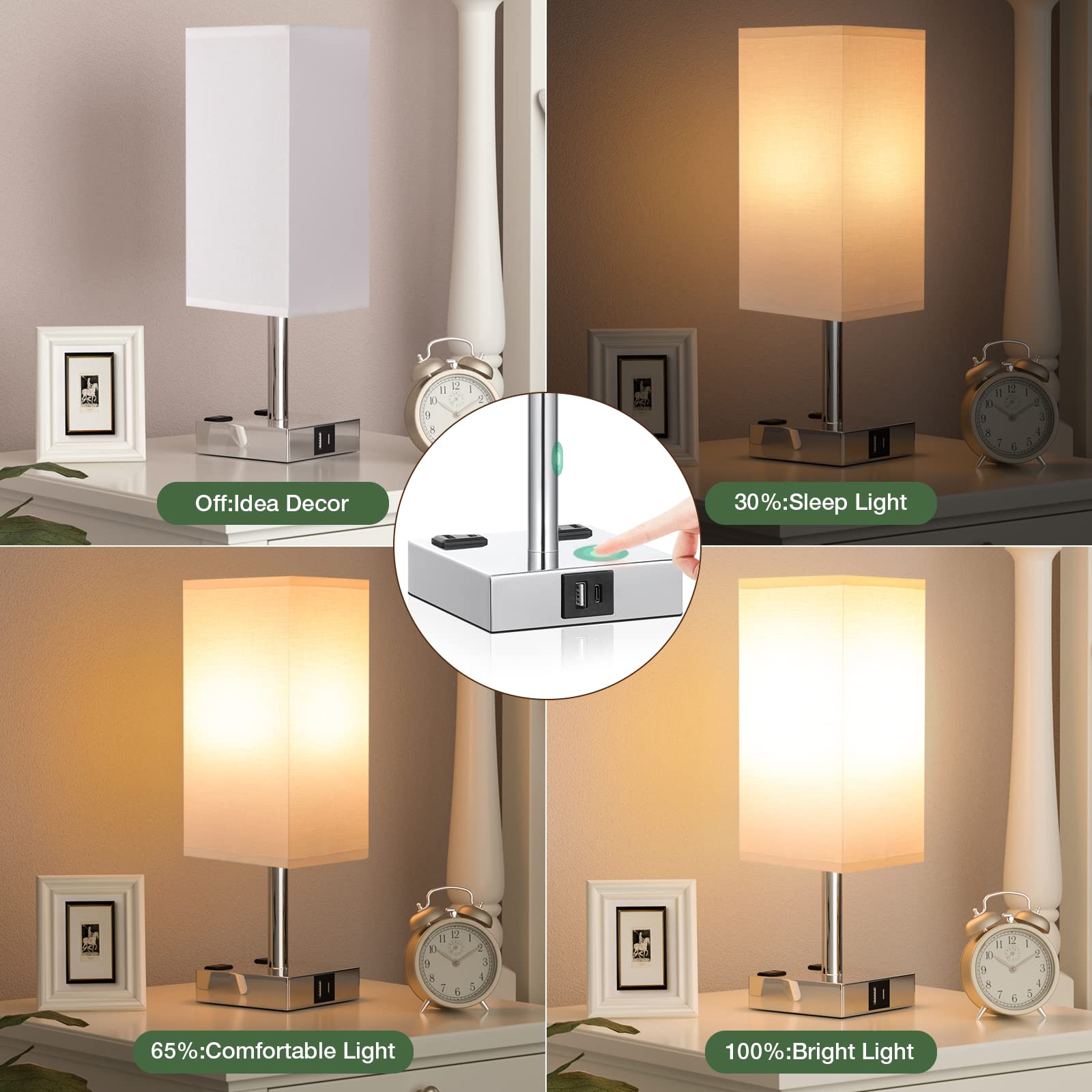 Aooshine Set Of 2 Touch Nightstand Lamp With Usb-C+A Charge Ports& Ac Outlets, 3-Way Dimmable Bedside Lamp With White Fabric Shade,Small Table Lamp For Bedroom Guest Room(Bulb Included)