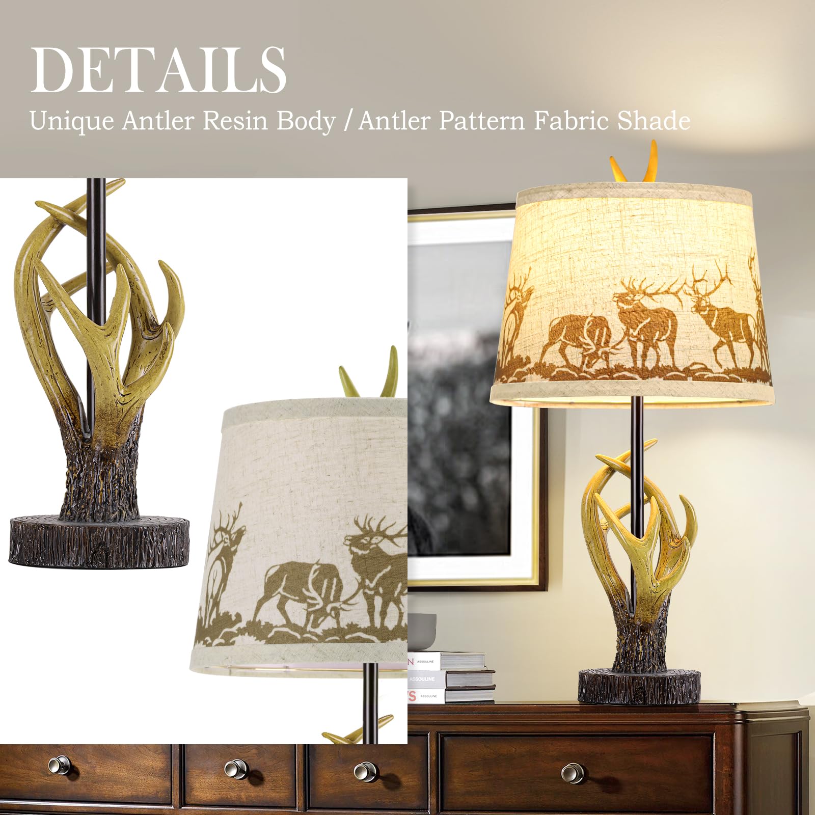 Spclsim Rustic Antler Table Lamps For Bedrooms Set Of 2, 24.4" Deer End Table Lamps For Living Room, Farmhouse Resin Bedside Nightstand Lamps, Bulbs Included