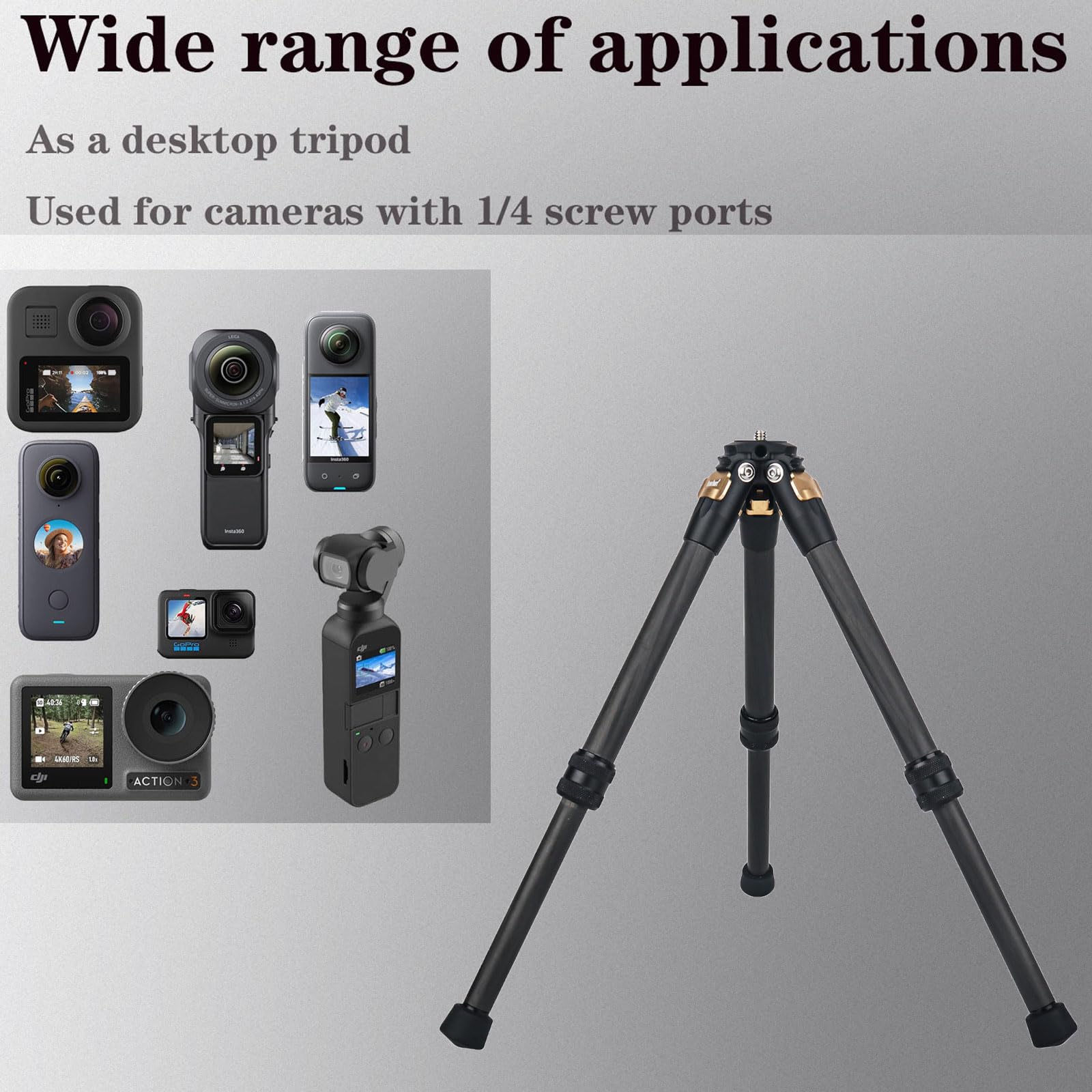 Brave Heart Universal Portable Stand Mount Holder Carbon Fiber Mini Tripod For Insta360 X5 Insta 360 X4 X3 X2 X One Rs For Gopro Go Pro Hero 13 12 11 9 8 5 4 3 2 Sjcam Sj4000 Xiaomi Yi Accessories(Gold)