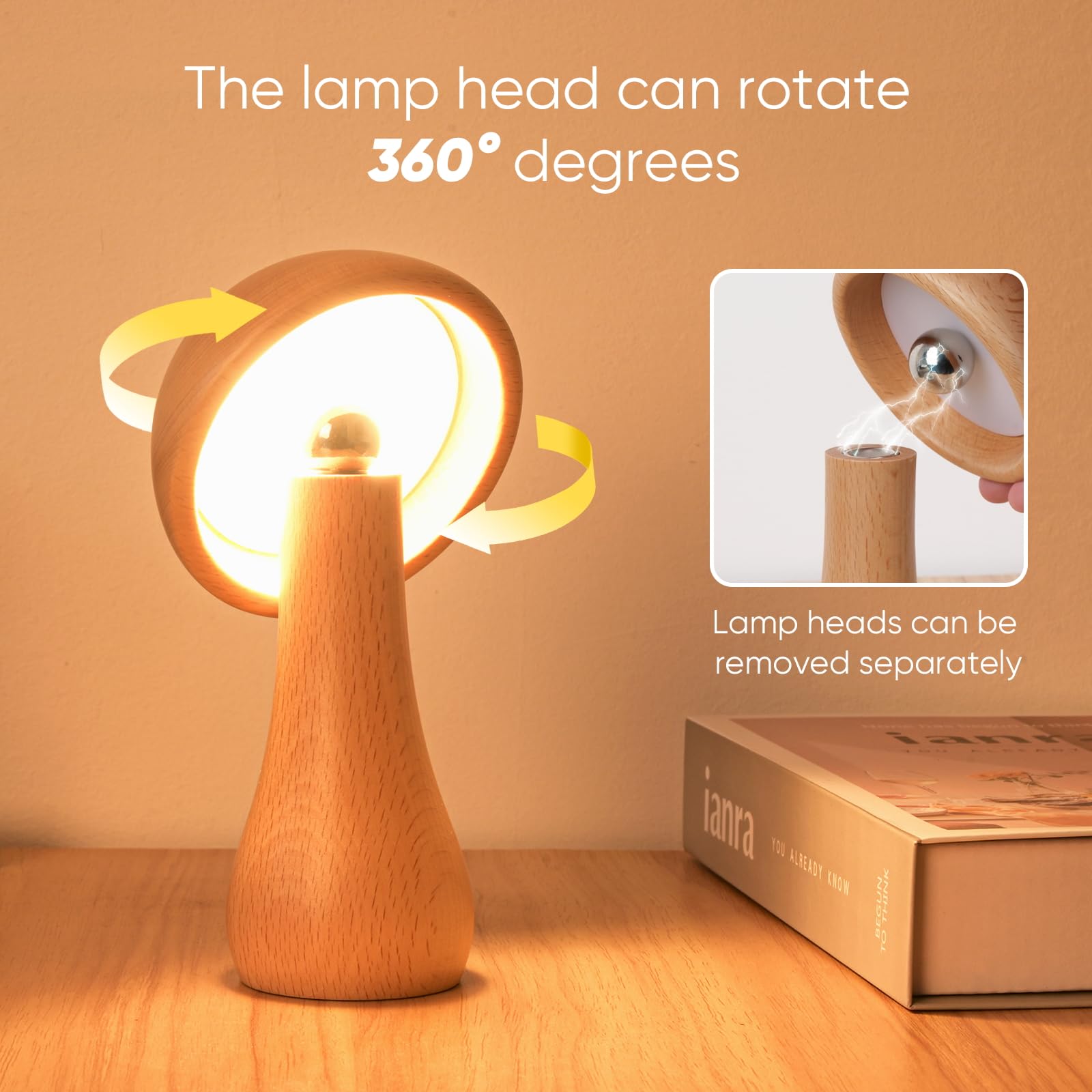 Lonrisway 2 Pack Wooden Mushroom Lamp, Portable Cordless Small Rechargeable Battery Operated Lamp,Stepless Dimming,Night Light For Birthday