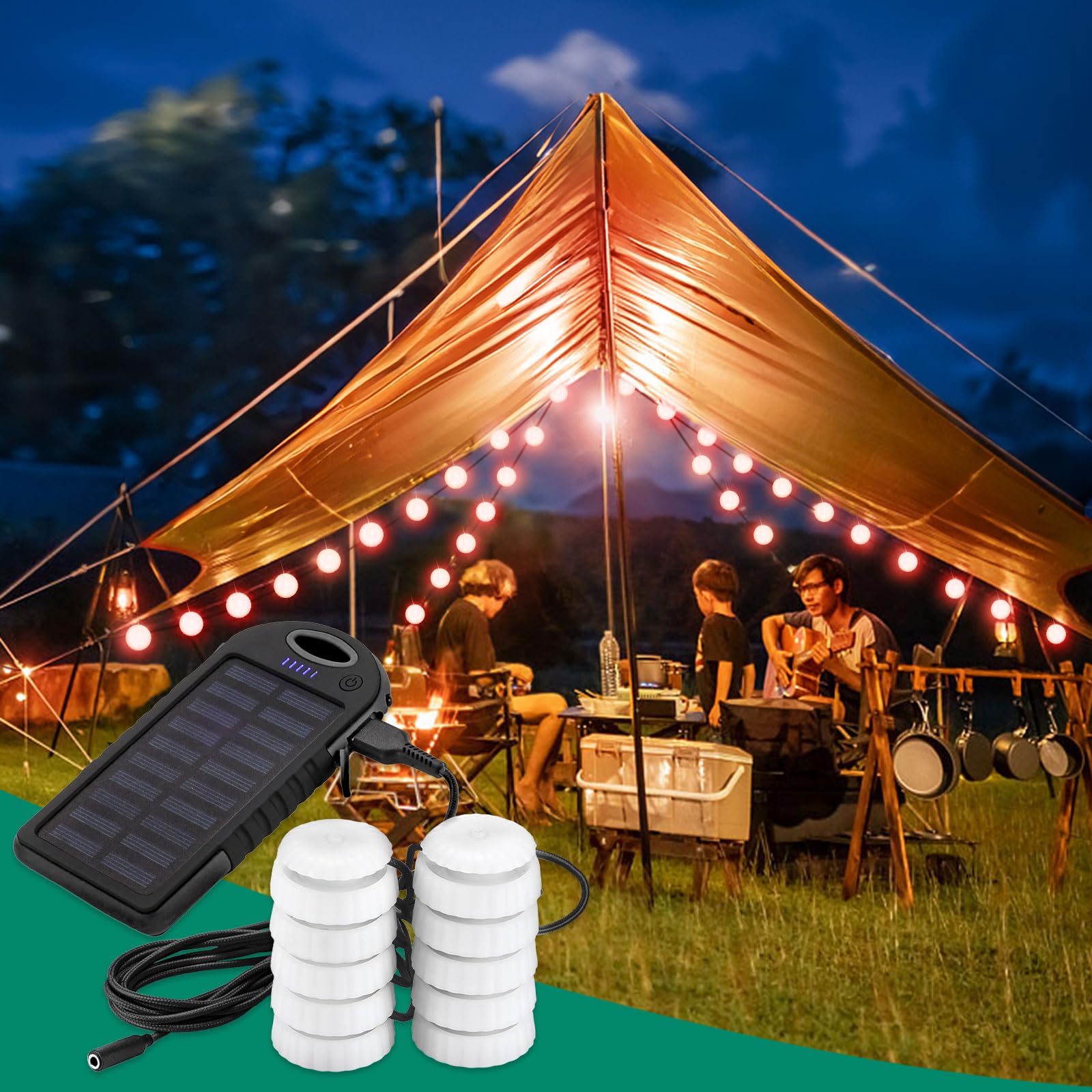 Anpro Solar Camping String Lights, 17Ft Ultra Long String With 10Leds, Multi-Color 7 Light Colors, Solar Powered With 5 Light Modes, Ipx4 Waterproof For Outdoors, Decorations, Camping