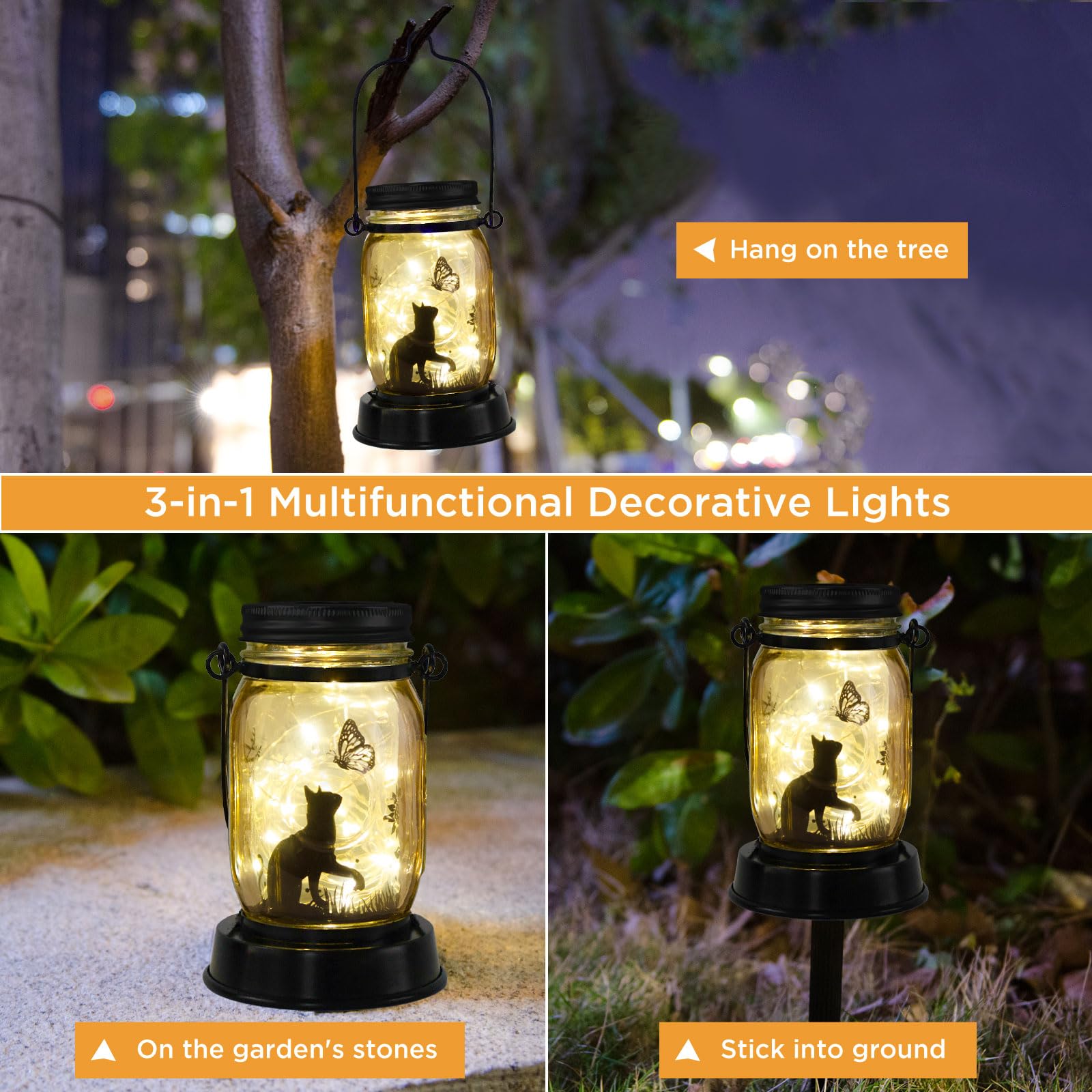 Jobosi 2Pcs Cat Jar Solar Light, Fairy Lantern Garden Lights, Jar Bottle Light, Solar Lanterns Outdoor Garden Decor, Mom Gift, Grandma Gift,  For Mother