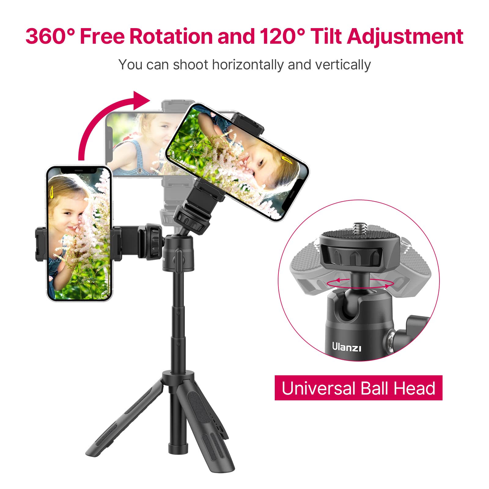 Ulanzi M12 Extendable Selfie Stick For Action Camera, Portable Vlog Cell Phone Tripod Stand With Phone Mount Action Camera Adapter, Mini Hand Grip Compatible With Hero 13/12/11/10/9/8/7/6/5 Smartphone