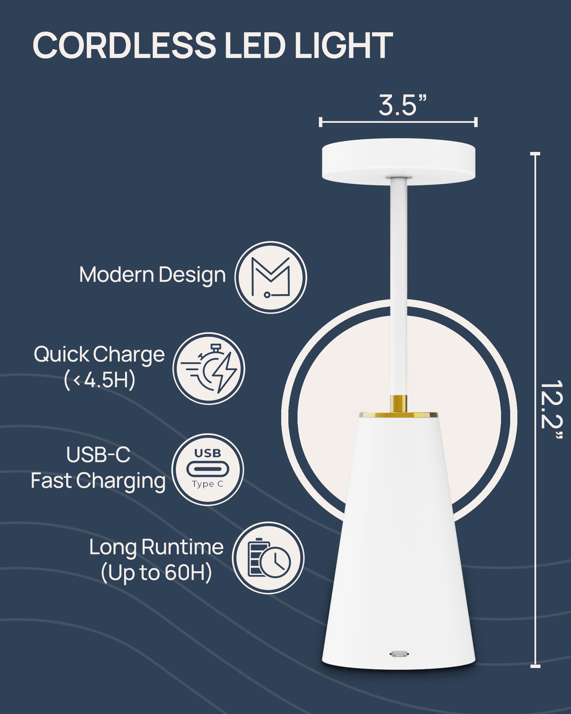 Geniusen 2 Pack Cordless Rechargeable Table Lamps - Modern Sleek Design W/ 3 Color Stepless Dimming – Cordless Bedside Lamp With Touch Switch- Led Table Lamps For Bedroom, Desk, Patio, & Restaurant (White)