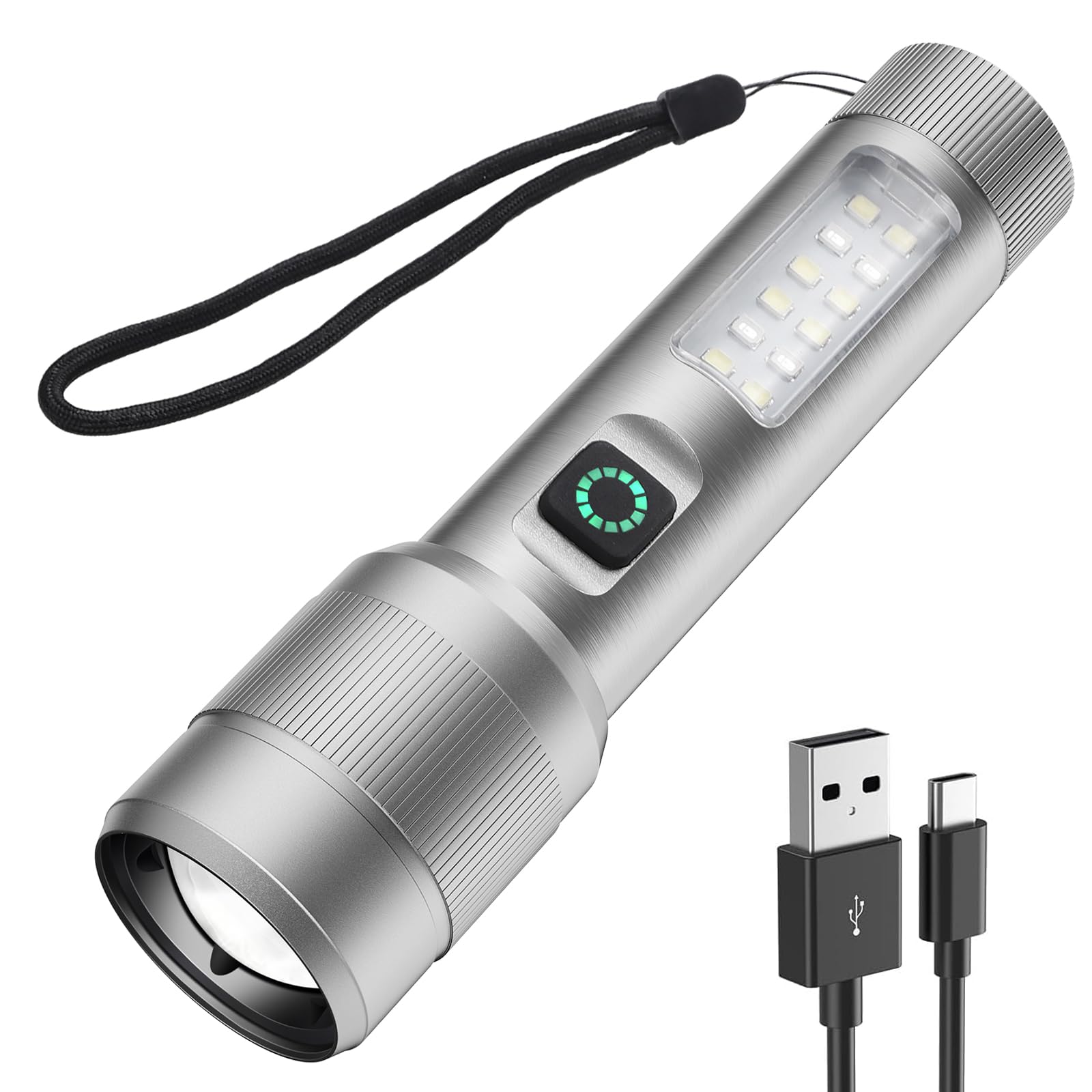 Ciwuzxs Flashlight High Lumens Rechargeable, 5000 Lumen Super Bright Led Flashlights, Tactical Flashlight With Cob Sidelight, Waterproof, Zoomable For Camping, Emergency (1)