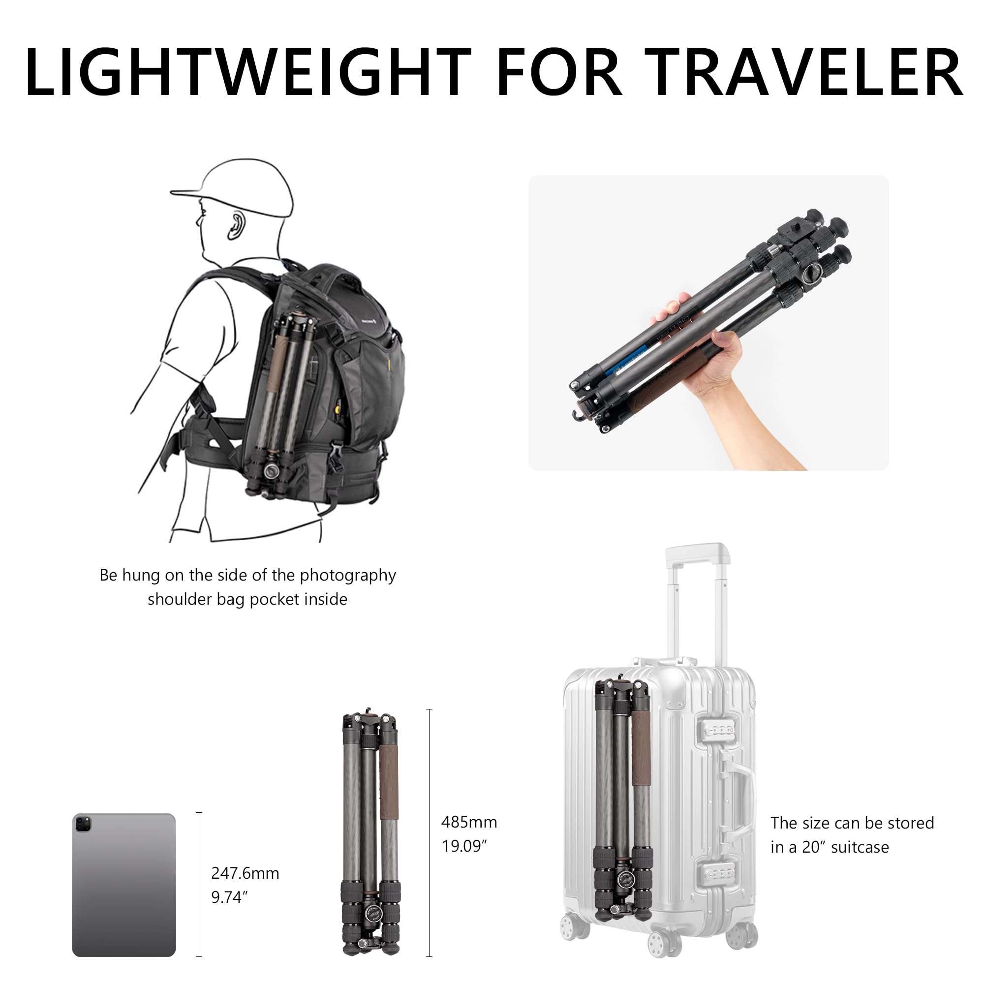 Leofoto Portable Reversible Travel Tripod, Carbon Fiber Camera Tripod With Ball Head, With 360° Detachable Center Column, Folded Length 485Mm, Max Load 15Kg (Lx-324Ct+Xb-38)