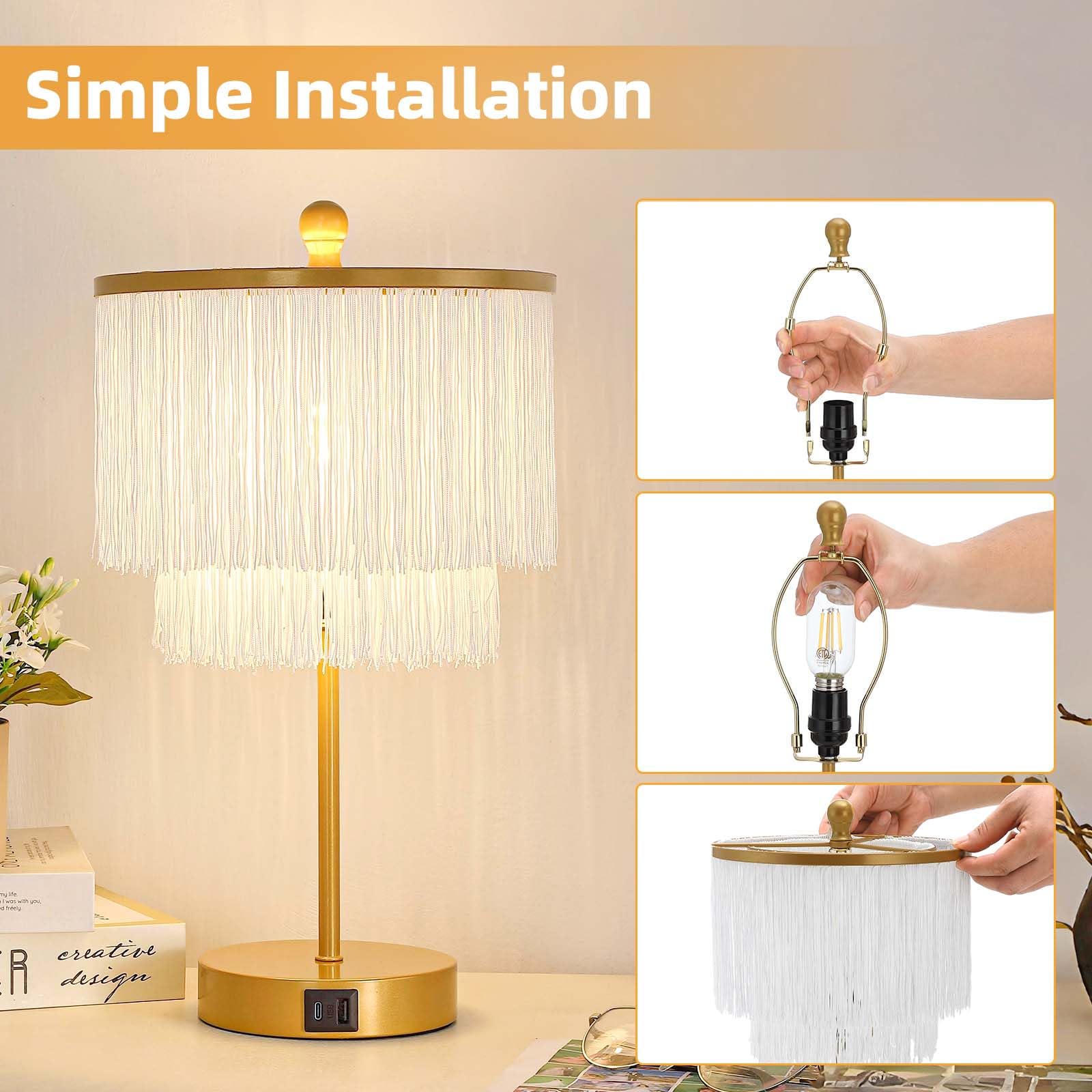 Lovlast Boho Lamp For Bedroom, 3-Way Dimmable Bedside Touch Lamp With Usb Charging Port, Gold Table Lamp, Fringe Boho Table Lamp For Living Room, Teens Room, Dresser, Nightstand, Led Bulb Included