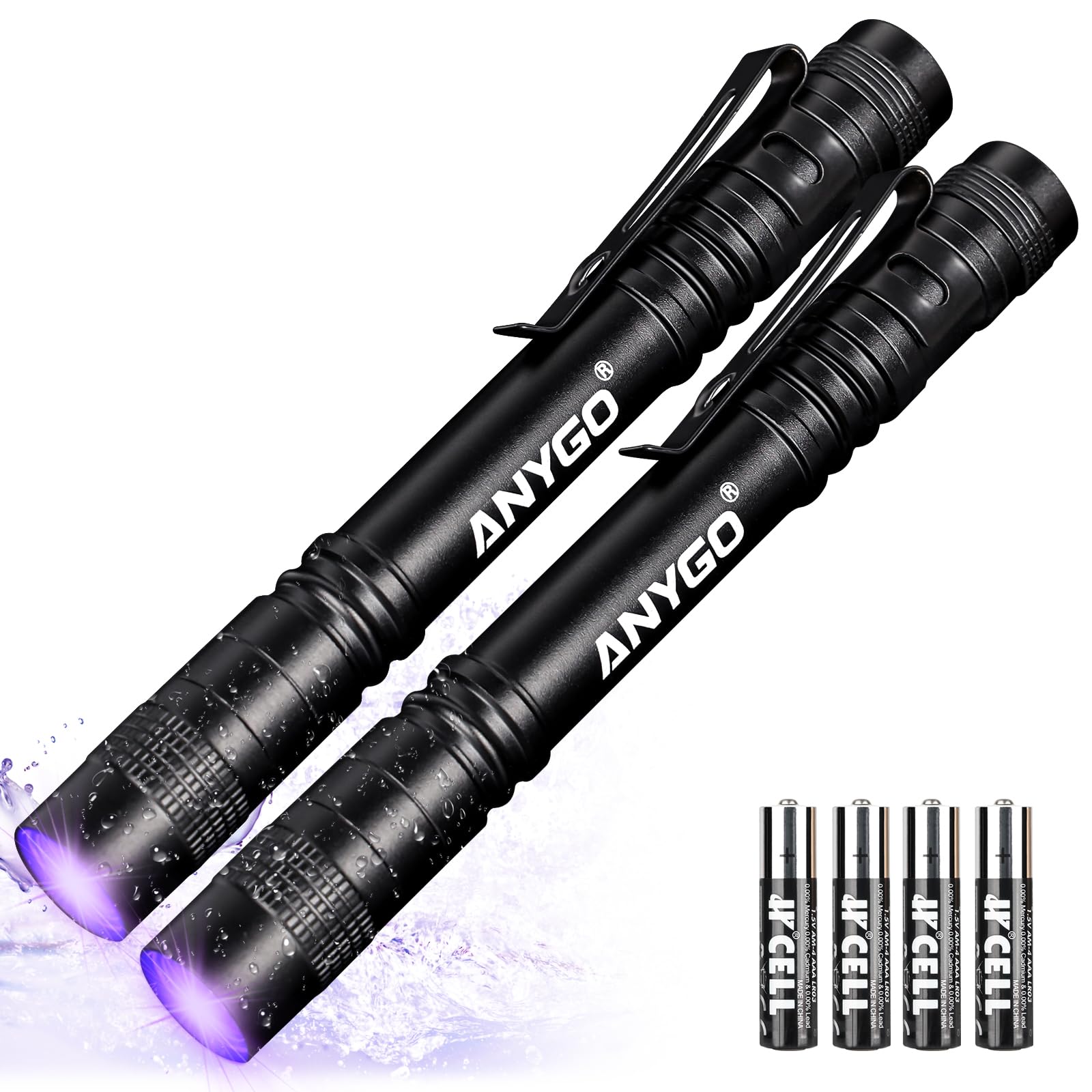 Anygo 395 Nm Pen Black Light, Mini Uv Flashlight With Clip, Small Blacklight Flashlights Pet Urine Detector Light, Uv Light Pen For Resin, Id Checking, Dry Stain And Dye Detector,Batteries Include（2-Pack）