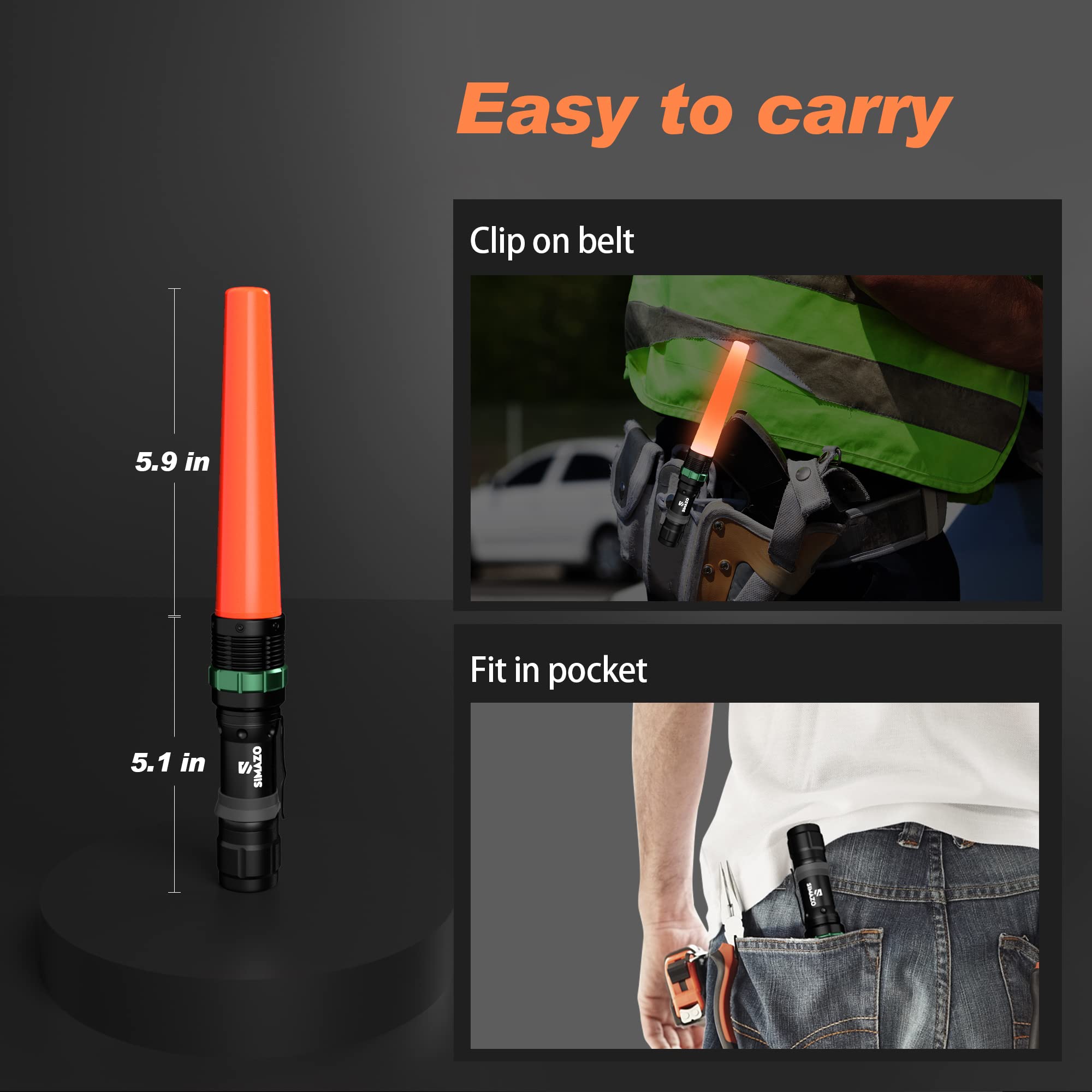 Simazo 2 Pack Rechargeable Traffic Wand, 11 Inch Bright Led Flashlight Baton With 2 Batteries, Air Control Wands With 5 Flashing Modes For Marshalling And Traffic Control